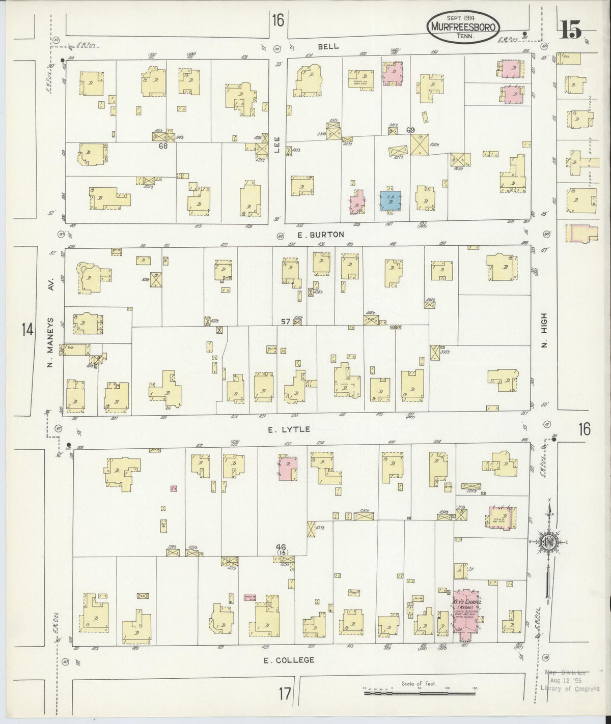 Sanborn Fire Insurance Map from Murfreesboro, Rutherford County, Tennessee (1914), Sheet #0015 - Historic Sanborn Fire Insurance Map Print, vintage old map wall art, antique decor, genealogy gift, Tennessee Tennessee map