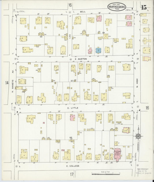 Sanborn Fire Insurance Map from Murfreesboro, Rutherford County, Tennessee (1914), Sheet #0015 - Historic Sanborn Fire Insurance Map Print, vintage old map wall art, antique decor, genealogy gift, Tennessee Tennessee map