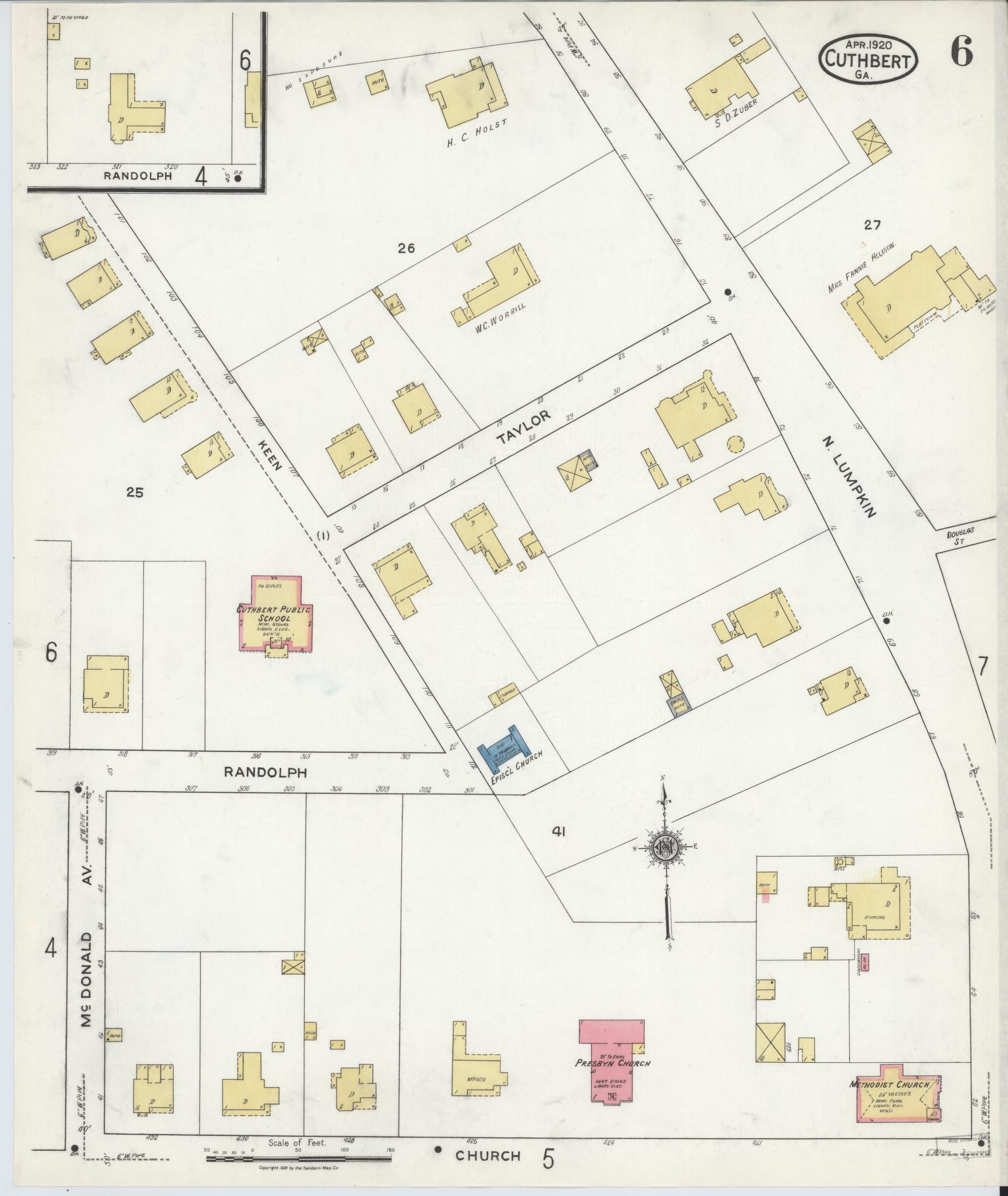 Sanborn Fire Insurance Map from Cuthbert, Randolph County, Georgia (1920), Sheet #0006 - Historic Sanborn Fire Insurance Map Print, vintage old map wall art, antique decor, genealogy gift, Georgia Georgia map