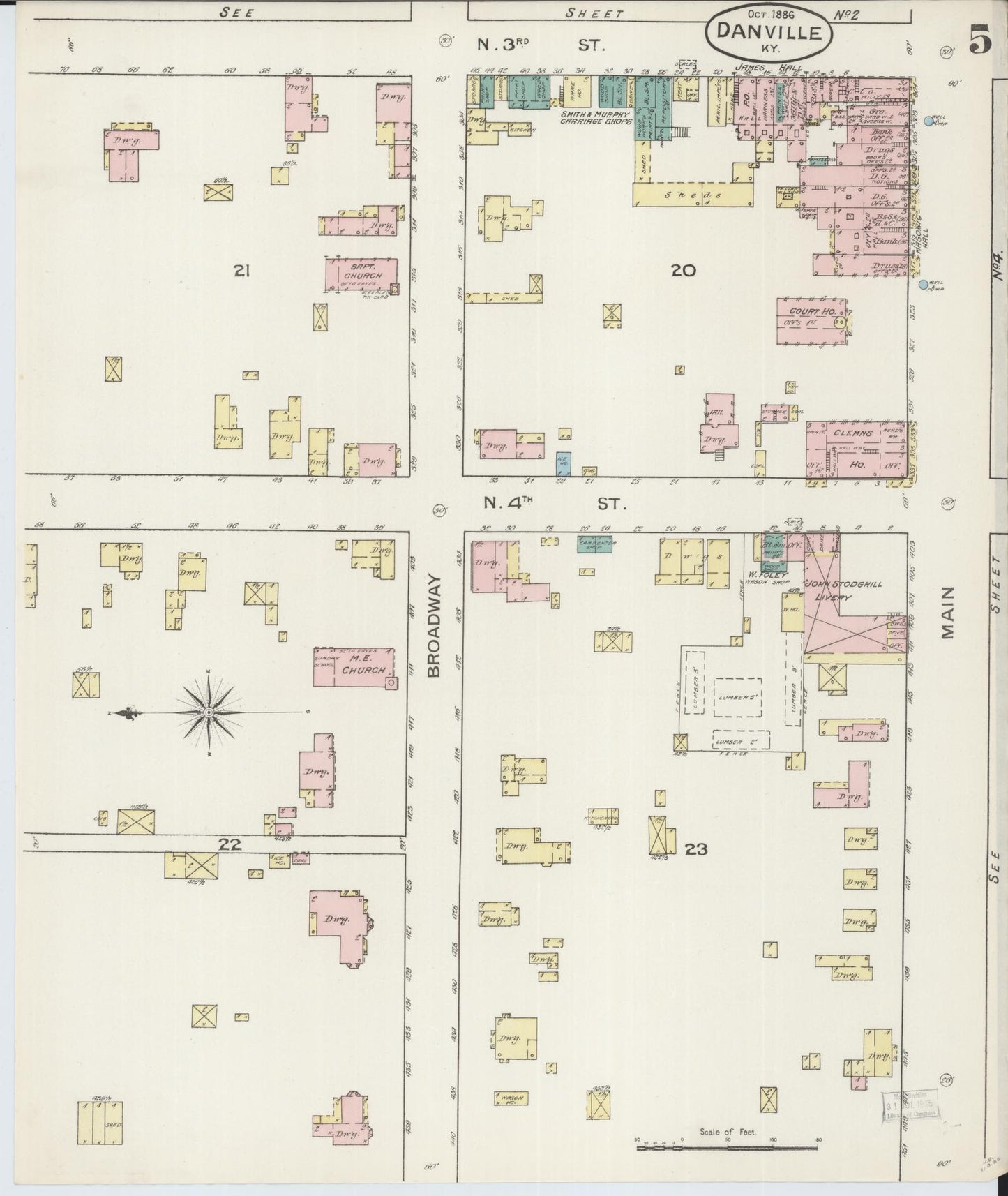 Sanborn Fire Insurance Map from Danville, Boyle County, Kentucky (1886), Sheet #0005 - Historic Sanborn Fire Insurance Map Print, vintage old map wall art, antique decor, genealogy gift, Kentucky Kentucky map