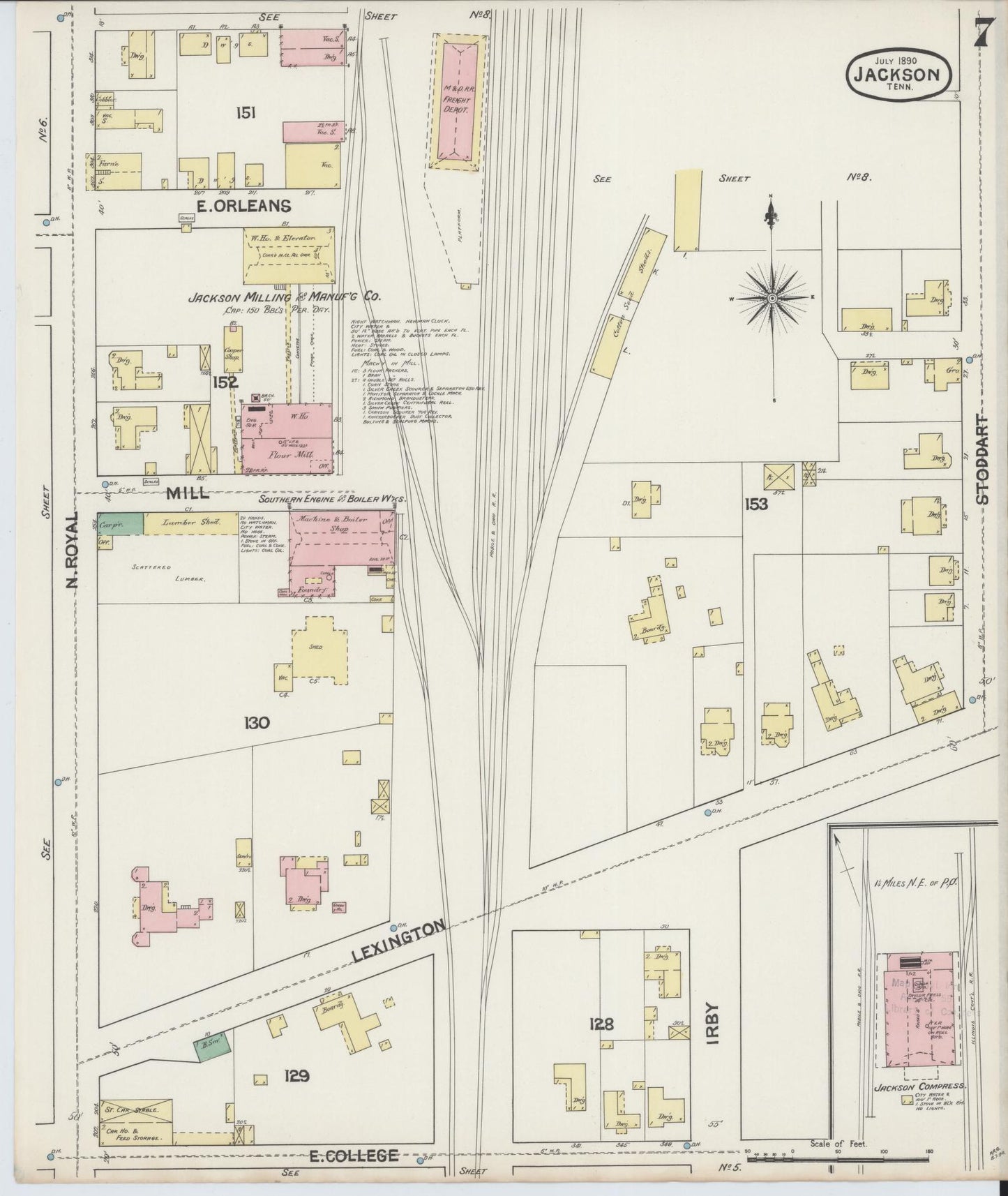 Sanborn Fire Insurance Map from Jackson, Madison County, Tennessee (1890), Sheet #0007 - Historic Sanborn Fire Insurance Map Print, vintage old map wall art, antique decor, genealogy gift, Tennessee Tennessee map