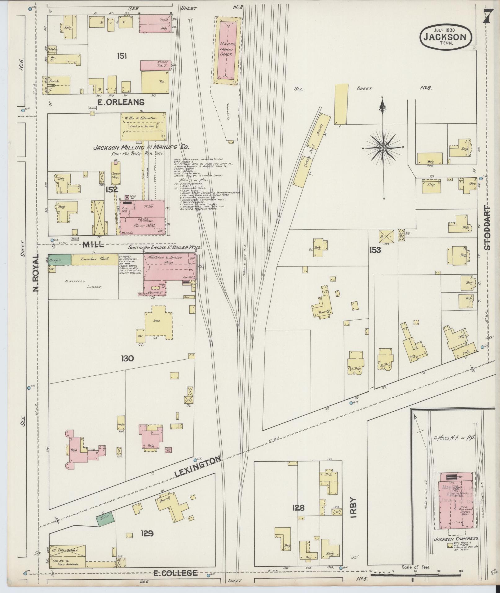 Sanborn Fire Insurance Map from Jackson, Madison County, Tennessee (1890), Sheet #0007 - Historic Sanborn Fire Insurance Map Print, vintage old map wall art, antique decor, genealogy gift, Tennessee Tennessee map