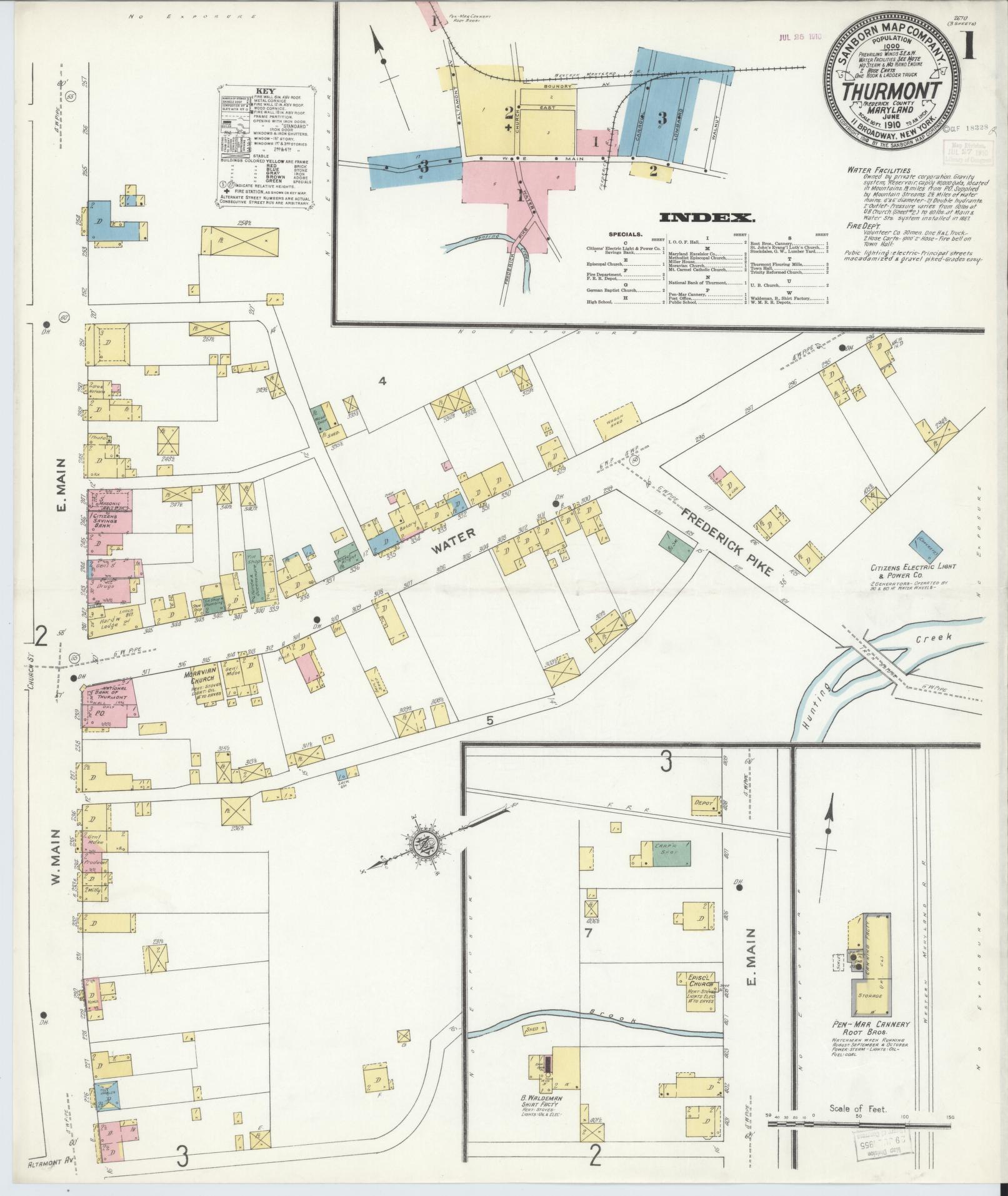 Sanborn Fire Insurance Map from Thurmont, Frederick County, Maryland (1910), Sheet #0001 - Historic Sanborn Fire Insurance Map Print, vintage old map wall art, antique decor, genealogy gift, Maryland Maryland map