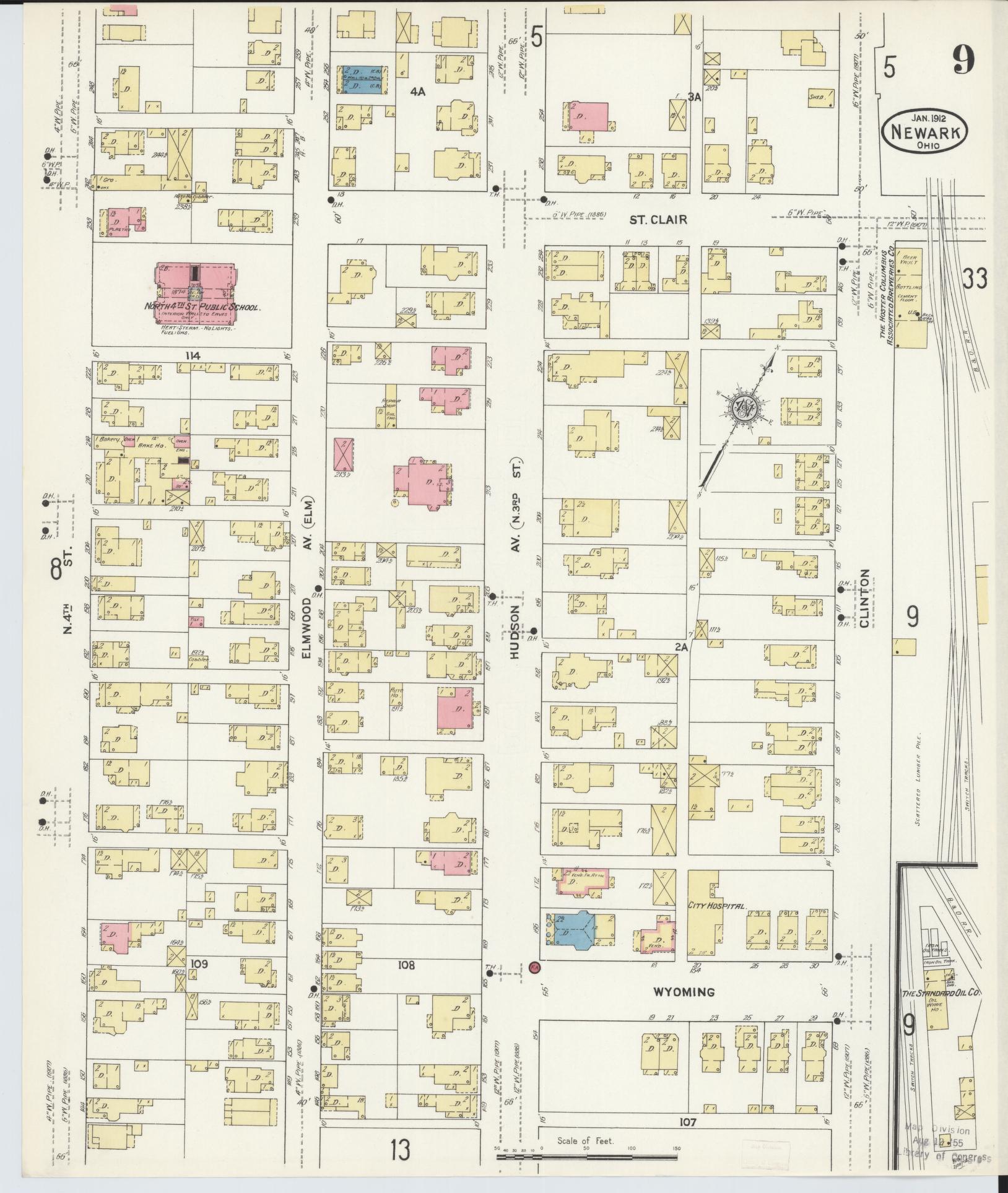 Sanborn Fire Insurance Map from Newark, Licking County, Ohio (1912), Sheet #0009 - Historic Sanborn Fire Insurance Map Print, vintage old map wall art, antique decor, genealogy gift, Ohio Ohio map