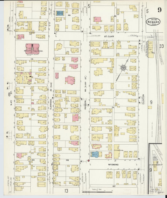Sanborn Fire Insurance Map from Newark, Licking County, Ohio (1912), Sheet #0009 - Historic Sanborn Fire Insurance Map Print, vintage old map wall art, antique decor, genealogy gift, Ohio Ohio map