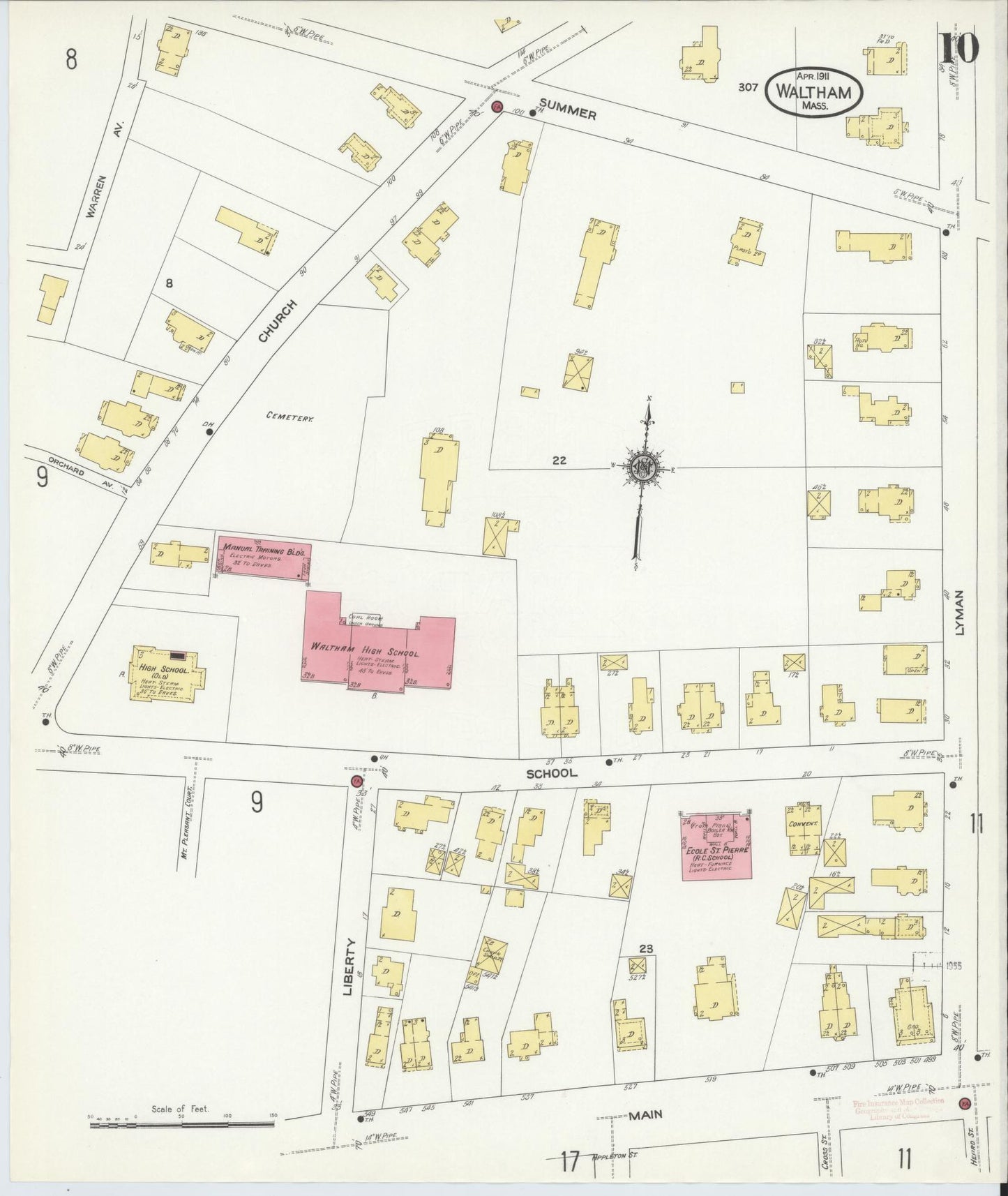 Sanborn Fire Insurance Map from Waltham, Middlesex County, Massachusetts (1911), Sheet #0010 - Complete Map Set gallery image, historic Sanborn map, vintage wall art, Massachusetts Massachusetts