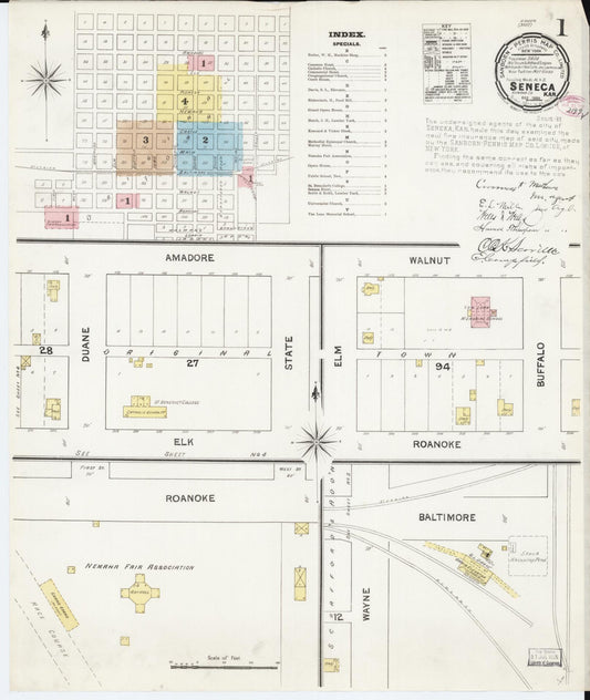 Sanborn Fire Insurance Map from Seneca, Nemaha County, Kansas (1889), Sheet #0001 - Complete Map Set gallery image, historic Sanborn map, vintage wall art, Kansas Kansas
