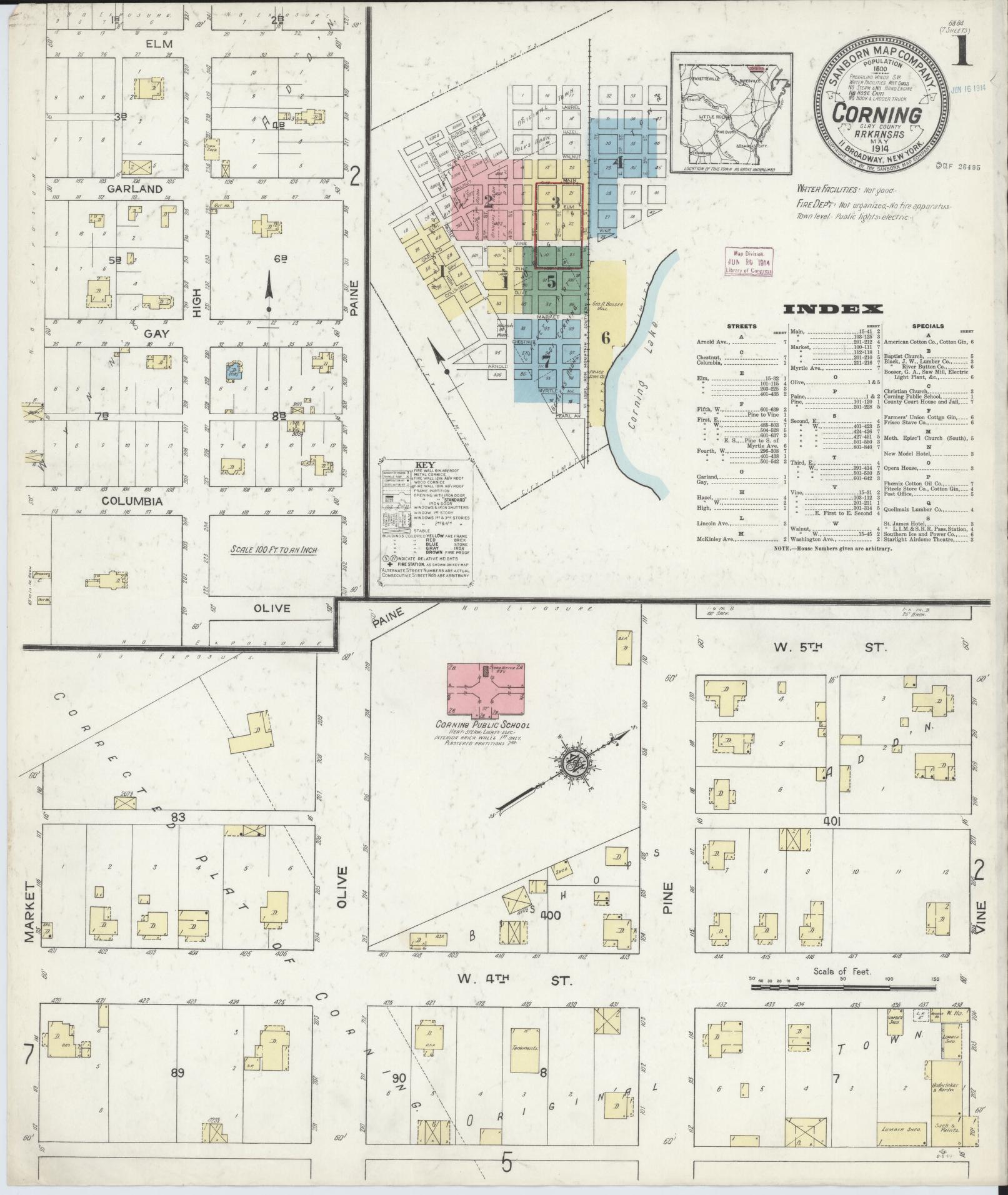 Sanborn Fire Insurance Map from Corning, Clay County, Arkansas (1914), Sheet #0001 - Historic Sanborn Fire Insurance Map Print, vintage old map wall art, antique decor, genealogy gift, Arkansas Arkansas map