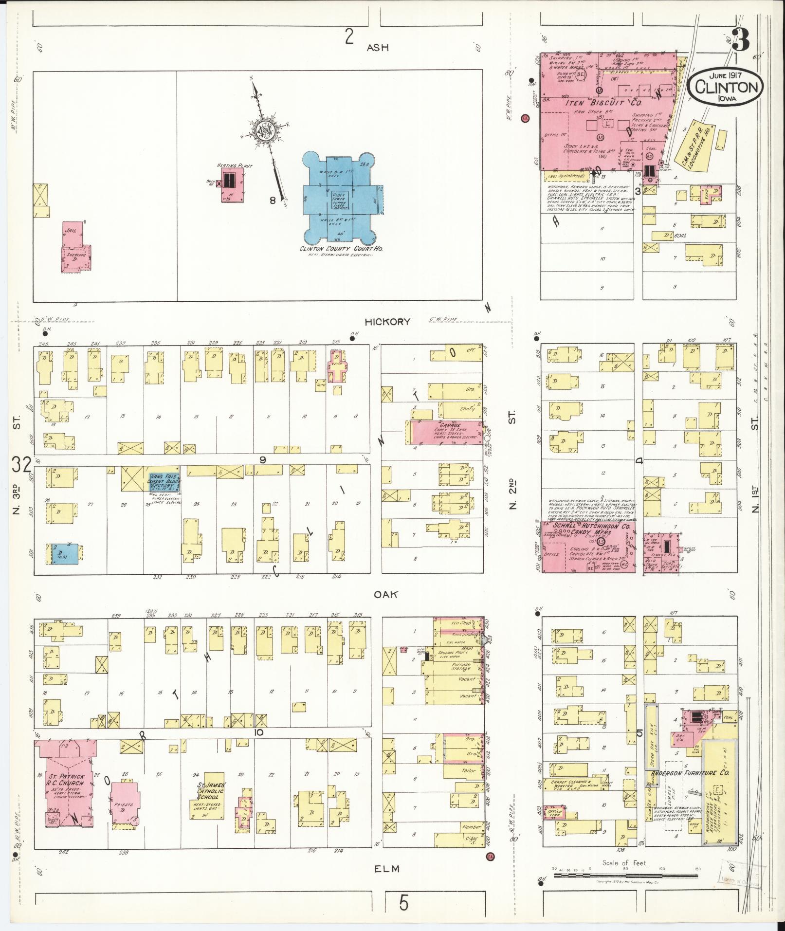 Sanborn Fire Insurance Map from Clinton, Clinton County, Iowa (1917), Sheet #0003 - Historic Sanborn Fire Insurance Map Print, vintage old map wall art