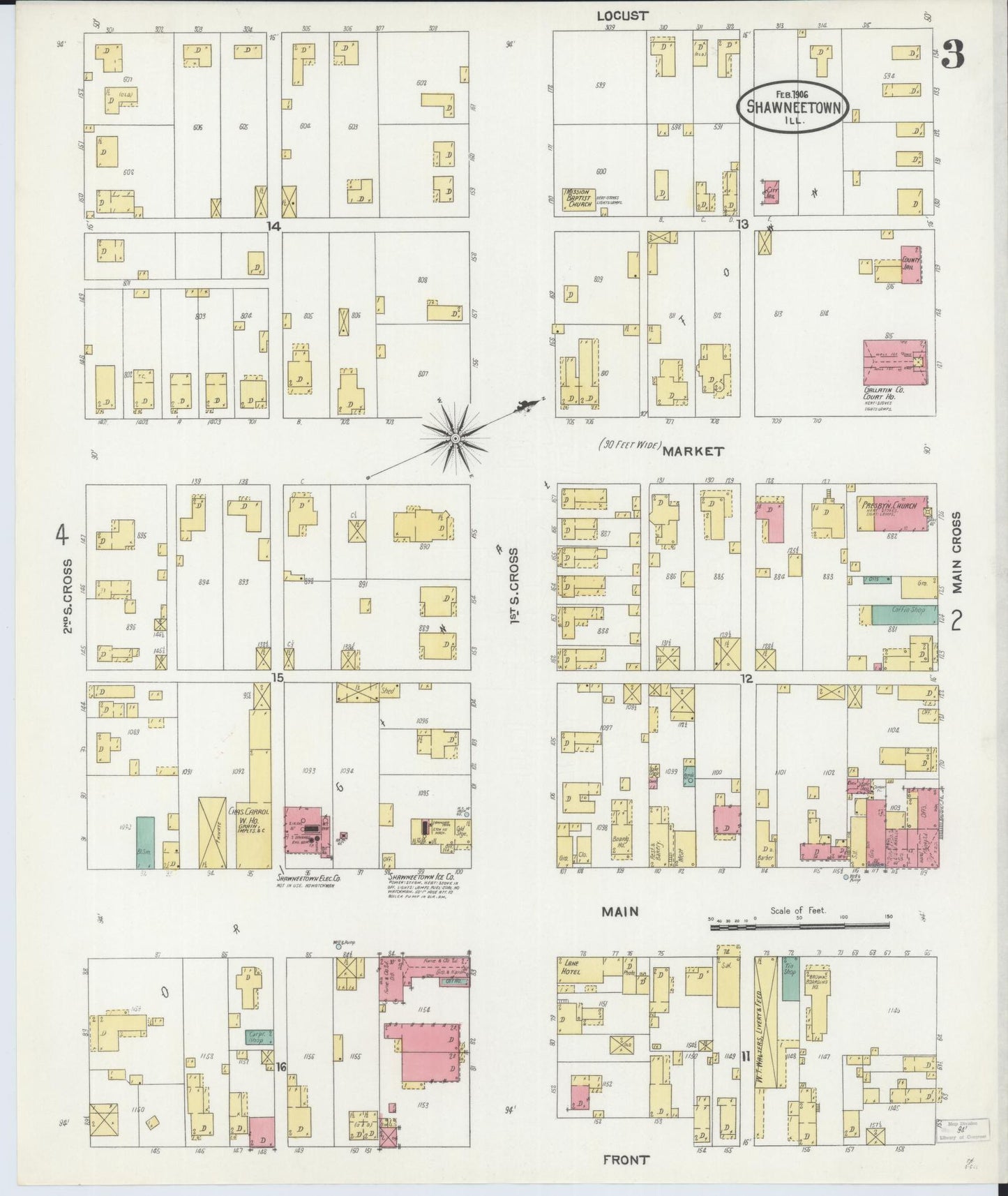 Sanborn Fire Insurance Map from Shawneetown, Gallatin County, Illinois (1906), Sheet #0003 - Complete Map Set gallery image, historic Sanborn map, vintage wall art, Illinois Illinois