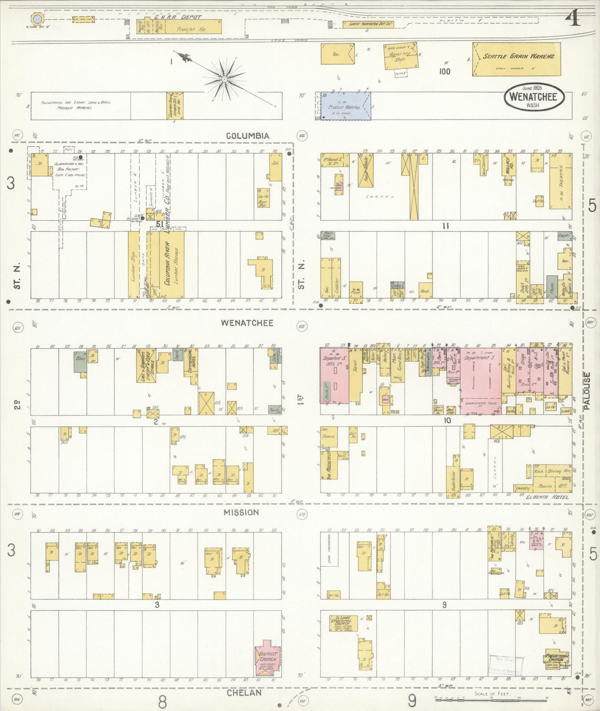 Sanborn Fire Insurance Map from Wenatchee, Chelan County, Washington (1905), Sheet #0004 - Historic Sanborn Fire Insurance Map Print, vintage old map wall art, antique decor, genealogy gift, Washington Washington map
