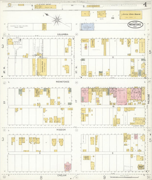 Sanborn Fire Insurance Map from Wenatchee, Chelan County, Washington (1905), Sheet #0004 - Historic Sanborn Fire Insurance Map Print, vintage old map wall art, antique decor, genealogy gift, Washington Washington map