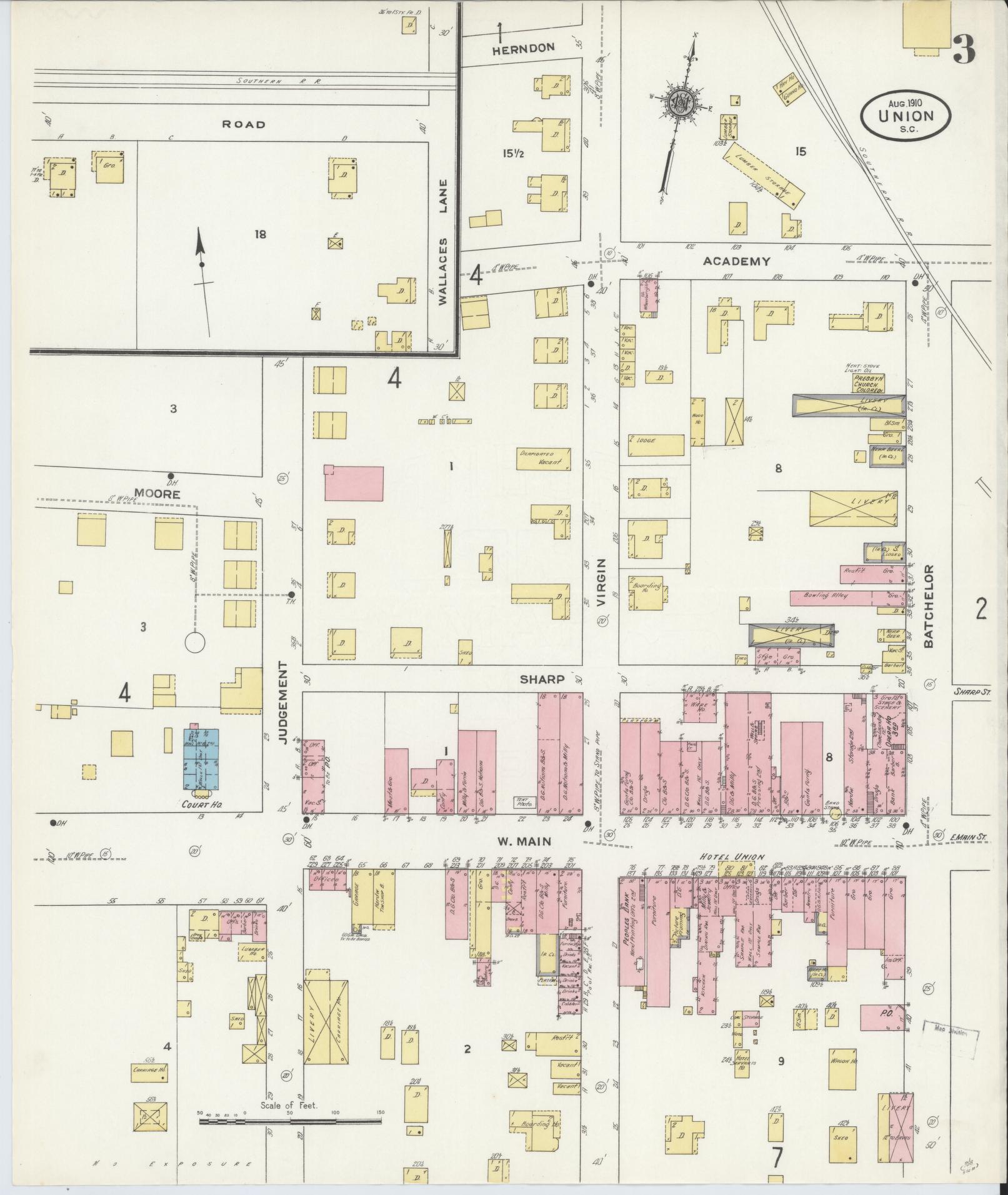 Sanborn Fire Insurance Map from Union, Union County, South Carolina (1910), Sheet #0003 - Historic Sanborn Fire Insurance Map Print, vintage old map wall art, antique decor, genealogy gift, South Carolina South Carolina map