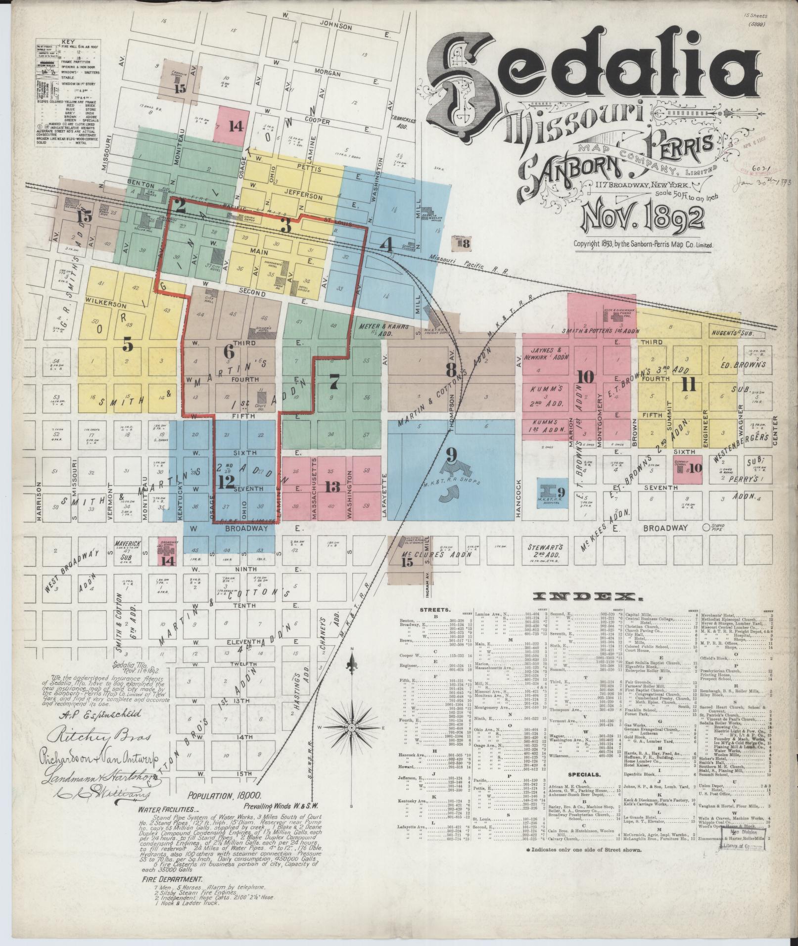 Sanborn Fire Insurance Map from Sedalia, Pettis County, Missouri (1892), Sheet #0001 - Historic Sanborn Fire Insurance Map Print, vintage old map wall art, antique decor, genealogy gift, Missouri Missouri map