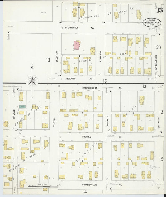 Sanborn Fire Insurance Map from Menominee, Menominee County, Michigan (1907), Sheet #0013 - Historic Sanborn Fire Insurance Map Print, vintage old map wall art, antique decor, genealogy gift, Michigan Michigan map