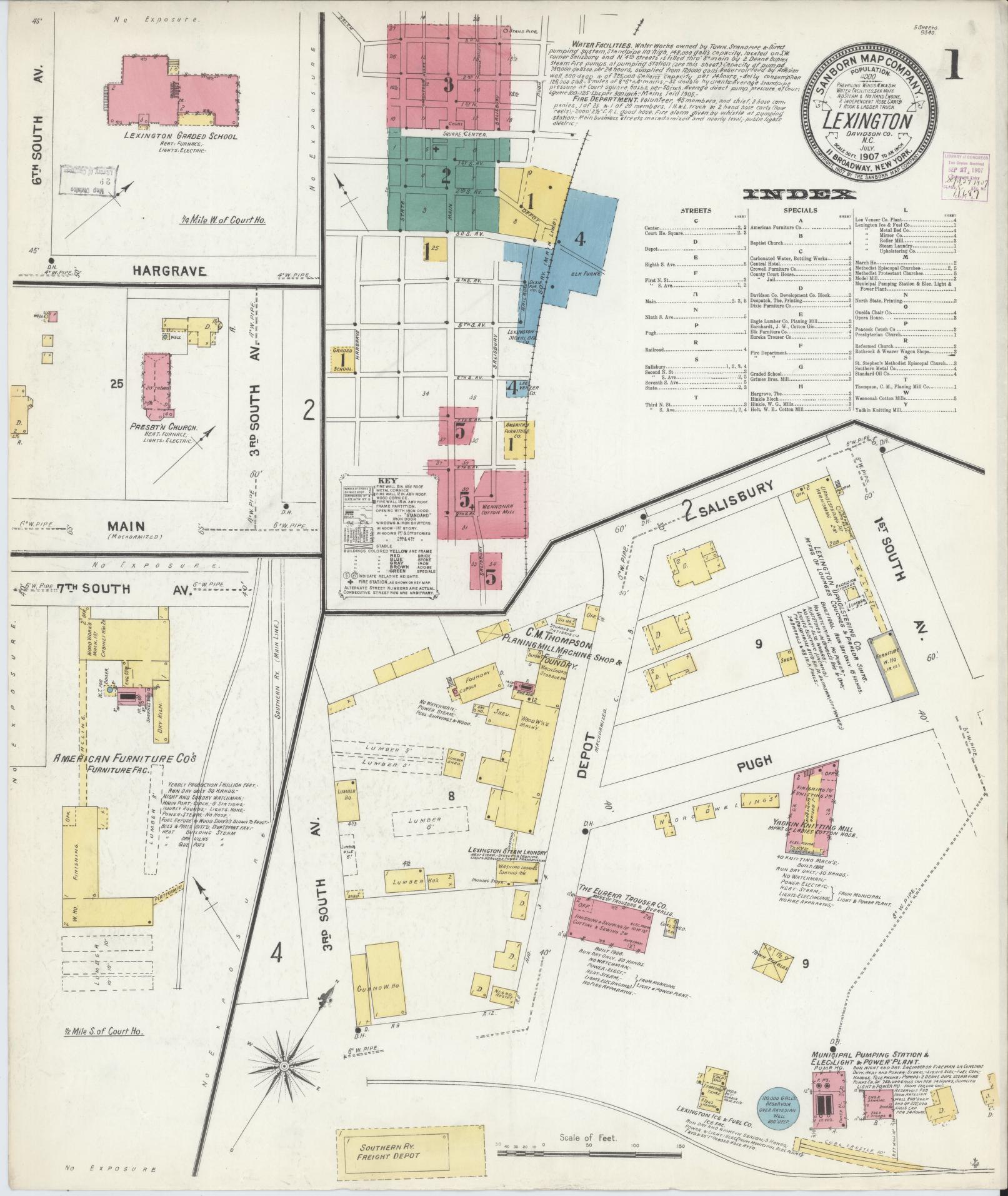 Sanborn Fire Insurance Map from Lexington, Davidson County, North Carolina (1907), Sheet #0001 - Complete Map Set gallery image, historic Sanborn map, vintage wall art, North Carolina North Carolina