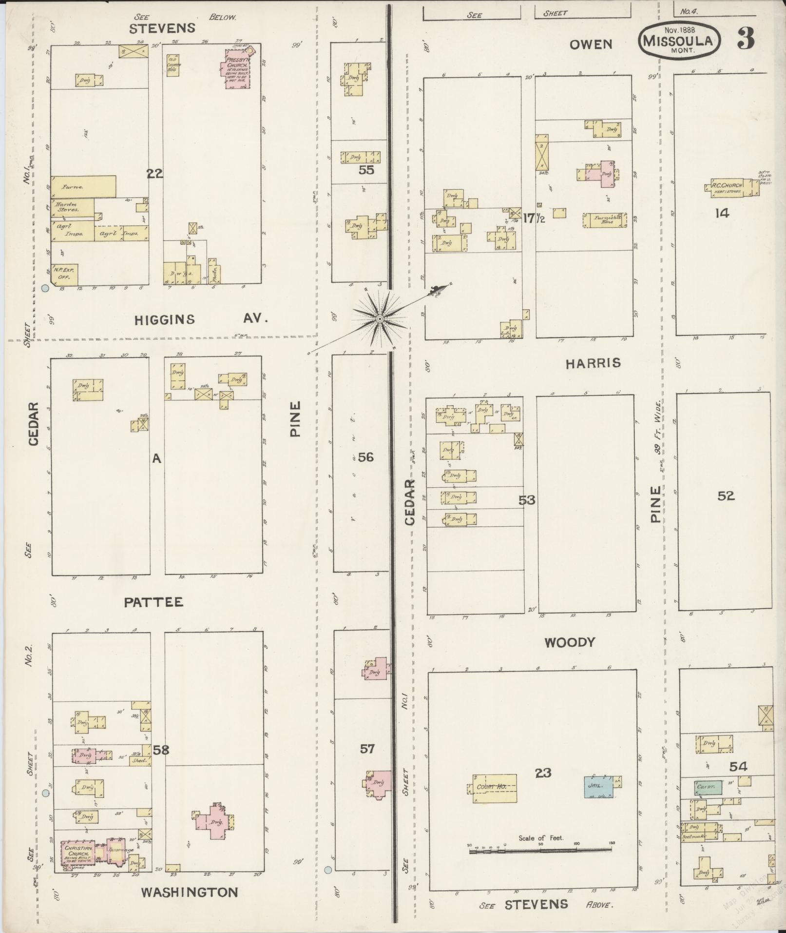 Sanborn Fire Insurance Map from Missoula, Missoula County, Montana (1888), Sheet #0003 - Historic Sanborn Fire Insurance Map Print, vintage old map wall art, antique decor, genealogy gift, Montana Montana map