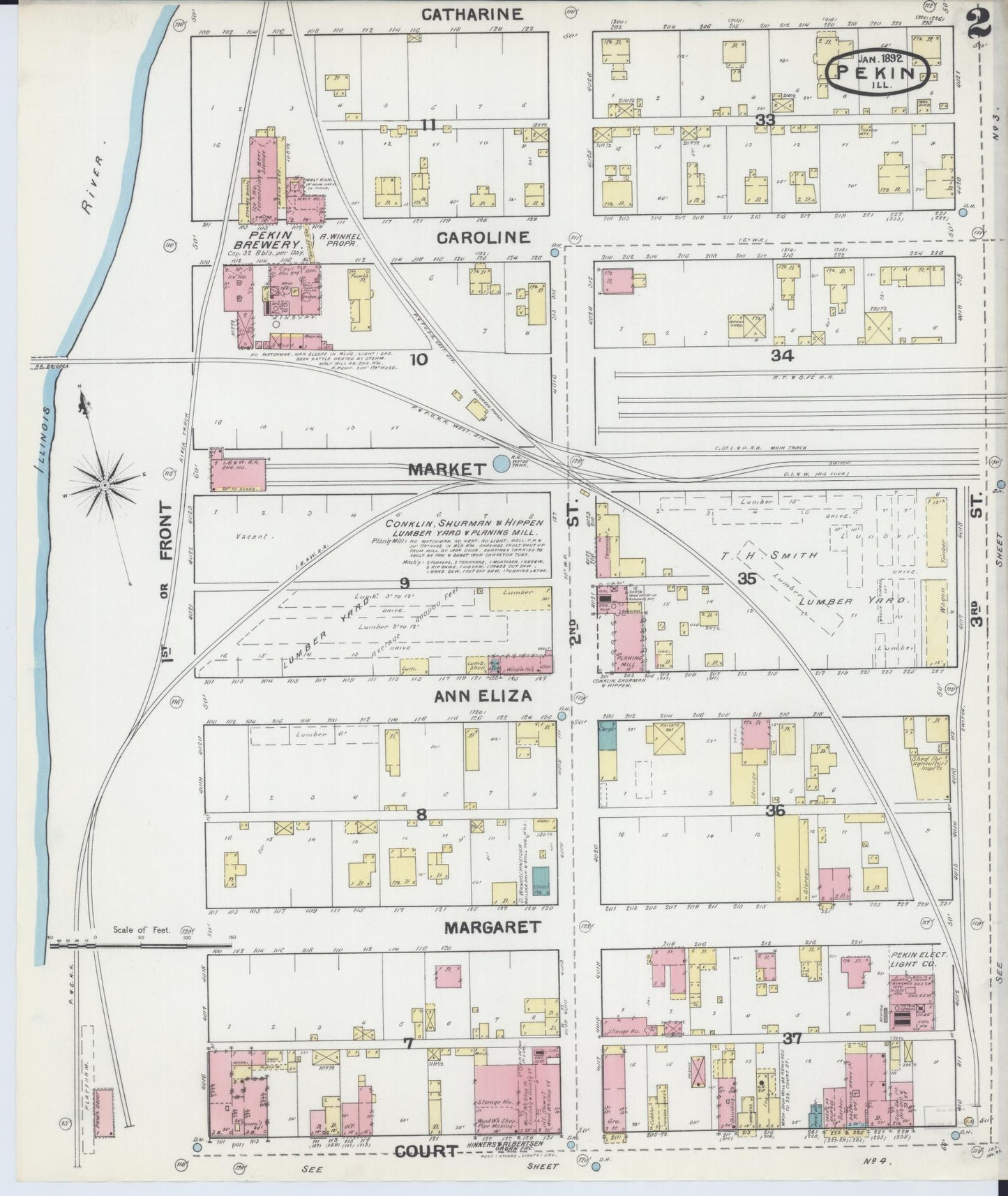 Sanborn Fire Insurance Map from Pekin, Tazewell County, Illinois (1892), Sheet #0002 - Complete Map Set gallery image, historic Sanborn map, vintage wall art, Illinois Illinois