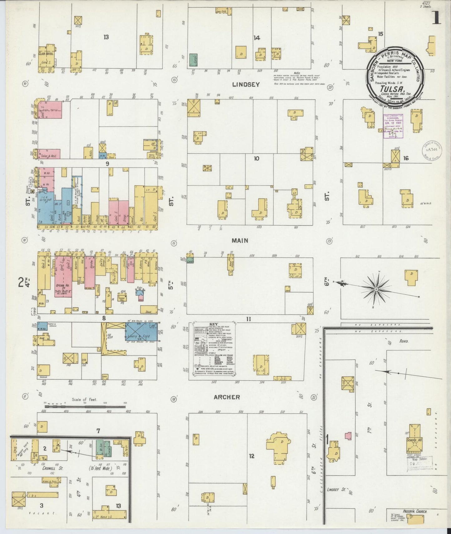 Sanborn Fire Insurance Map from Tulsa, Tulsa County, Oklahoma (1901), Sheet #0001 - Complete Map Set gallery image, historic Sanborn map, vintage wall art, Oklahoma Oklahoma
