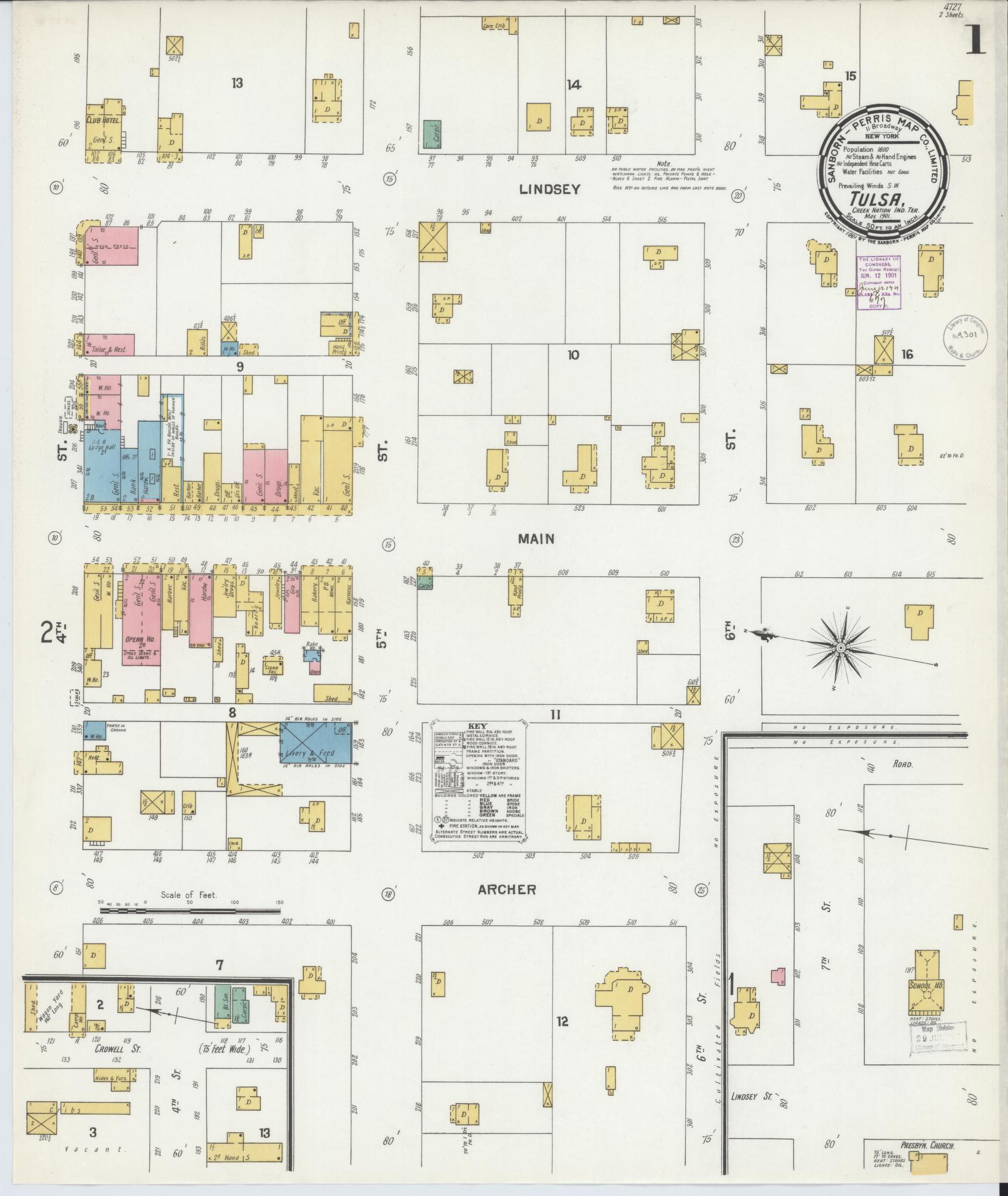 Sanborn Fire Insurance Map from Tulsa, Tulsa County, Oklahoma (1901), Sheet #0001 - Complete Map Set gallery image, historic Sanborn map, vintage wall art, Oklahoma Oklahoma