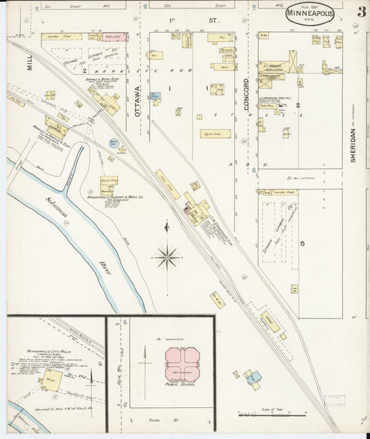 Sanborn Fire Insurance Map from Minneapolis, Ottawa  County, Kansas (1887), Sheet #0003 - Historic Sanborn Fire Insurance Map Print, vintage old map wall art, antique decor, genealogy gift, Kansas Kansas map