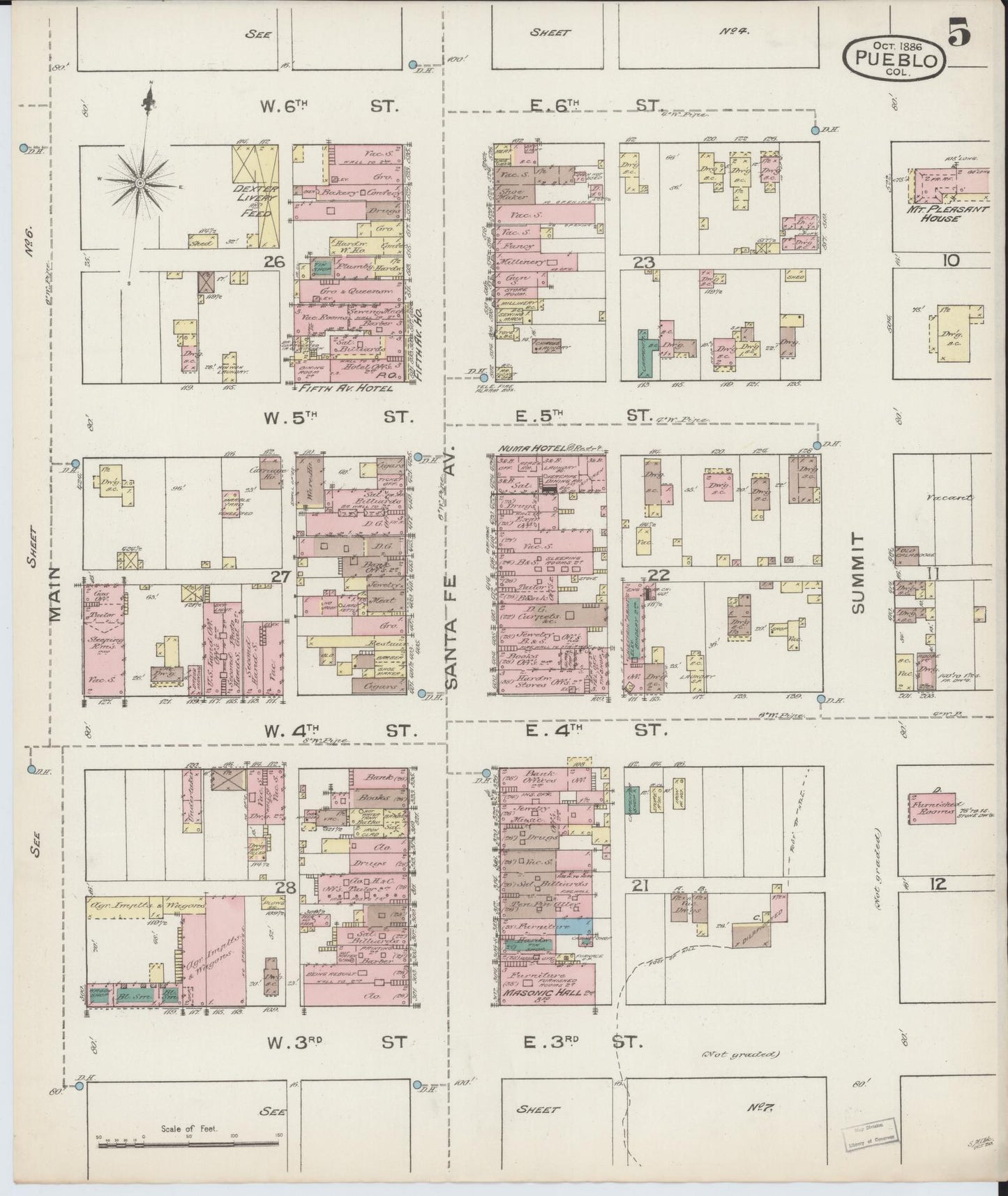 Sanborn Fire Insurance Map from Pueblo, Pueblo County, Colorado (1886), Sheet #0005 - Historic Sanborn Fire Insurance Map Print, vintage old map wall art, antique decor, genealogy gift, Colorado Colorado map