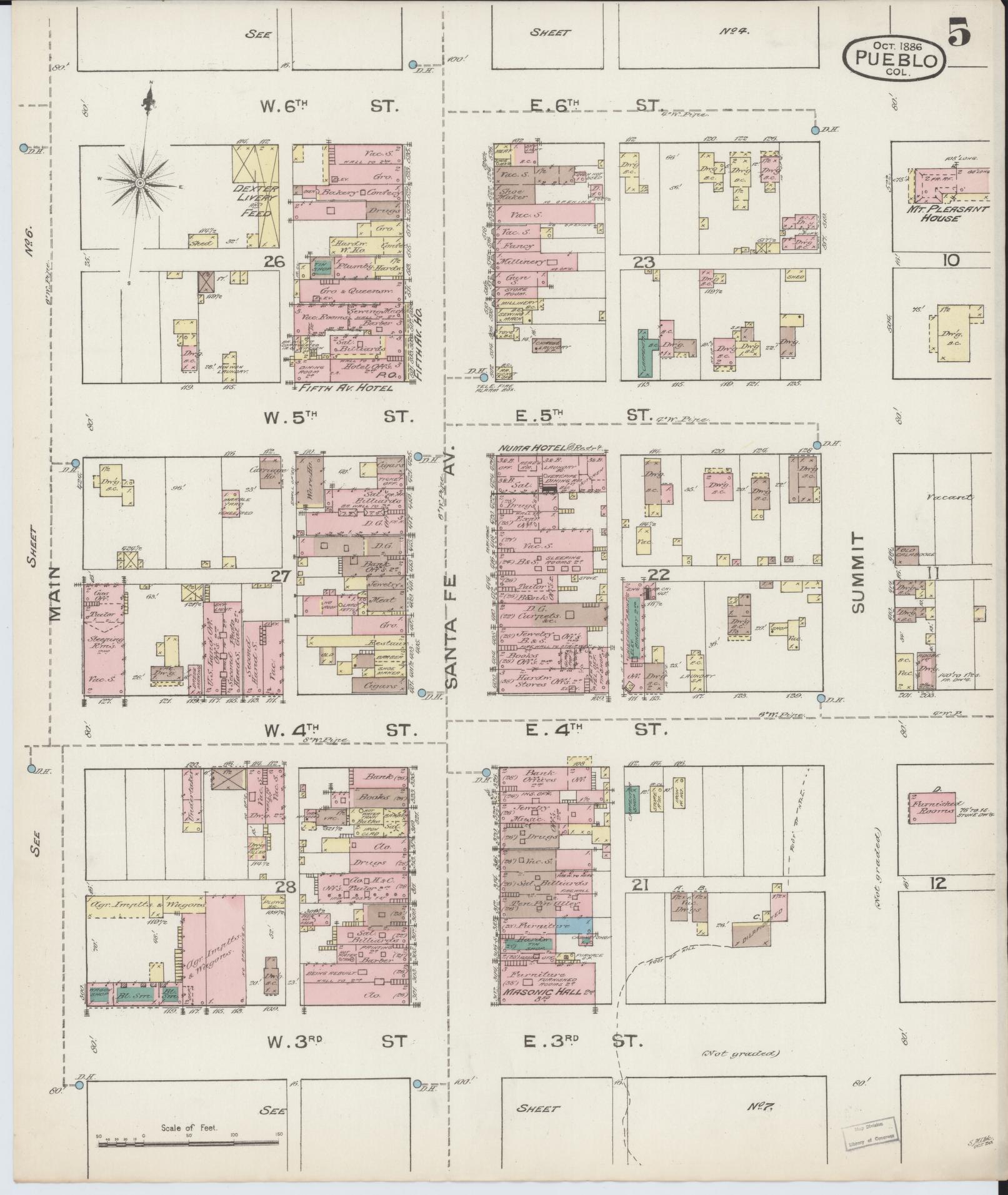 Sanborn Fire Insurance Map from Pueblo, Pueblo County, Colorado (1886), Sheet #0005 - Historic Sanborn Fire Insurance Map Print, vintage old map wall art, antique decor, genealogy gift, Colorado Colorado map
