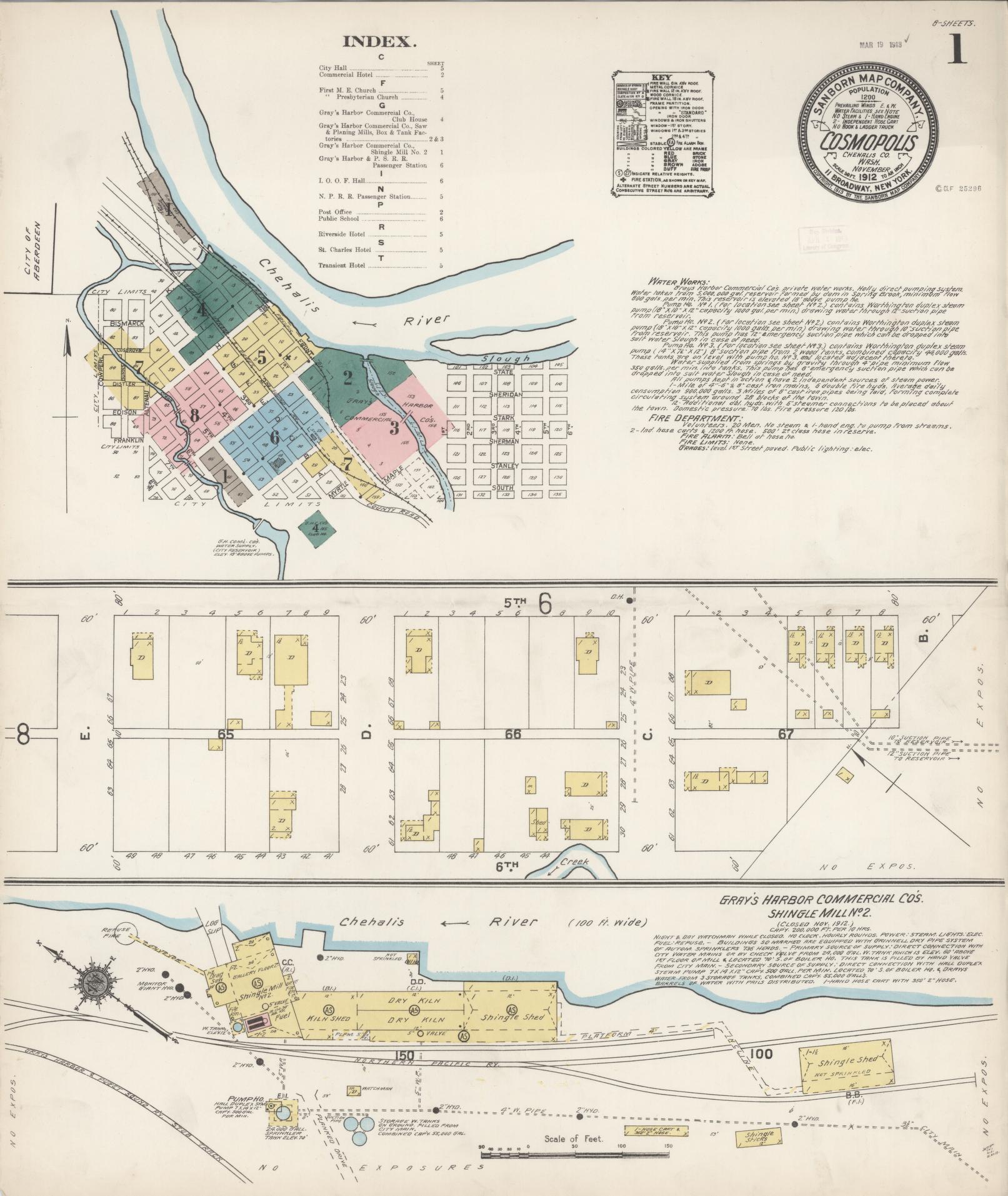 Sanborn Fire Insurance Map from Cosmopolis, Grays Harbor County, Washington (1912), Sheet #0001 - Complete Map Set gallery image, historic Sanborn map, vintage wall art, Washington Washington