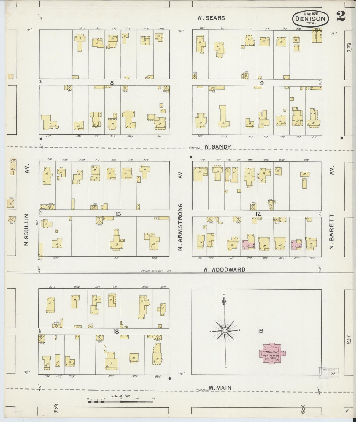 Sanborn Fire Insurance Map from Denison, Grayson County, Texas (1892), Sheet #0002 - Historic Sanborn Fire Insurance Map Print, vintage old map wall art, antique decor, genealogy gift, Texas Texas map