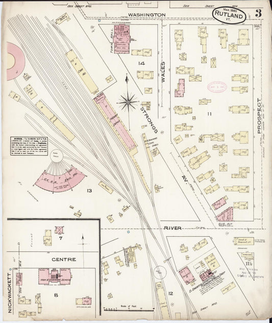 Sanborn Fire Insurance Map from Rutland, Rutland County, Vermont (1885), Sheet #0003 - Historic Sanborn Fire Insurance Map Print, vintage old map wall art, antique decor, genealogy gift, Vermont Vermont map