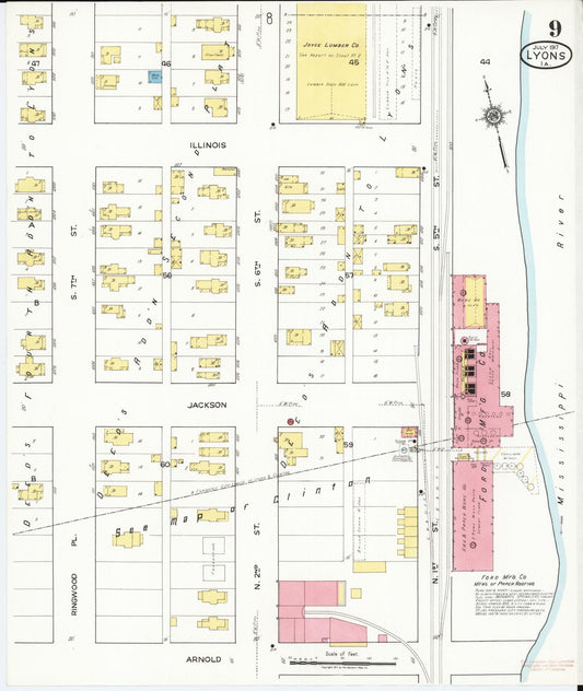 Sanborn Fire Insurance Map from Lyons, Clinton County, Iowa (1917), Sheet #0009 - Historic Sanborn Fire Insurance Map Print, vintage old map wall art