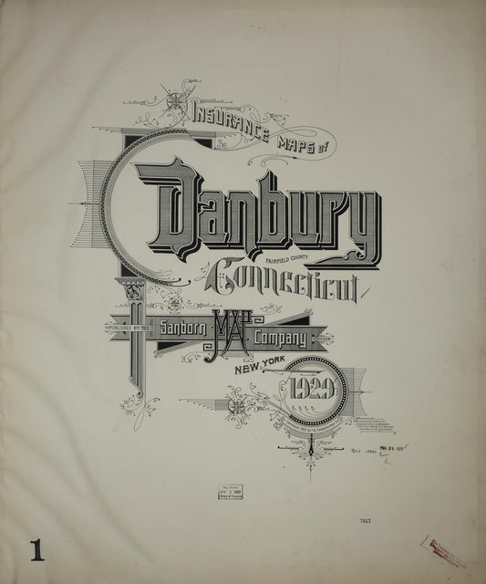 Sanborn Fire Insurance Map from Danbury, Fairfield County, Connecticut (1929), Sheet #0001 - Historic Sanborn Fire Insurance Map Print, vintage old map wall art, antique decor, genealogy gift, Connecticut Connecticut map