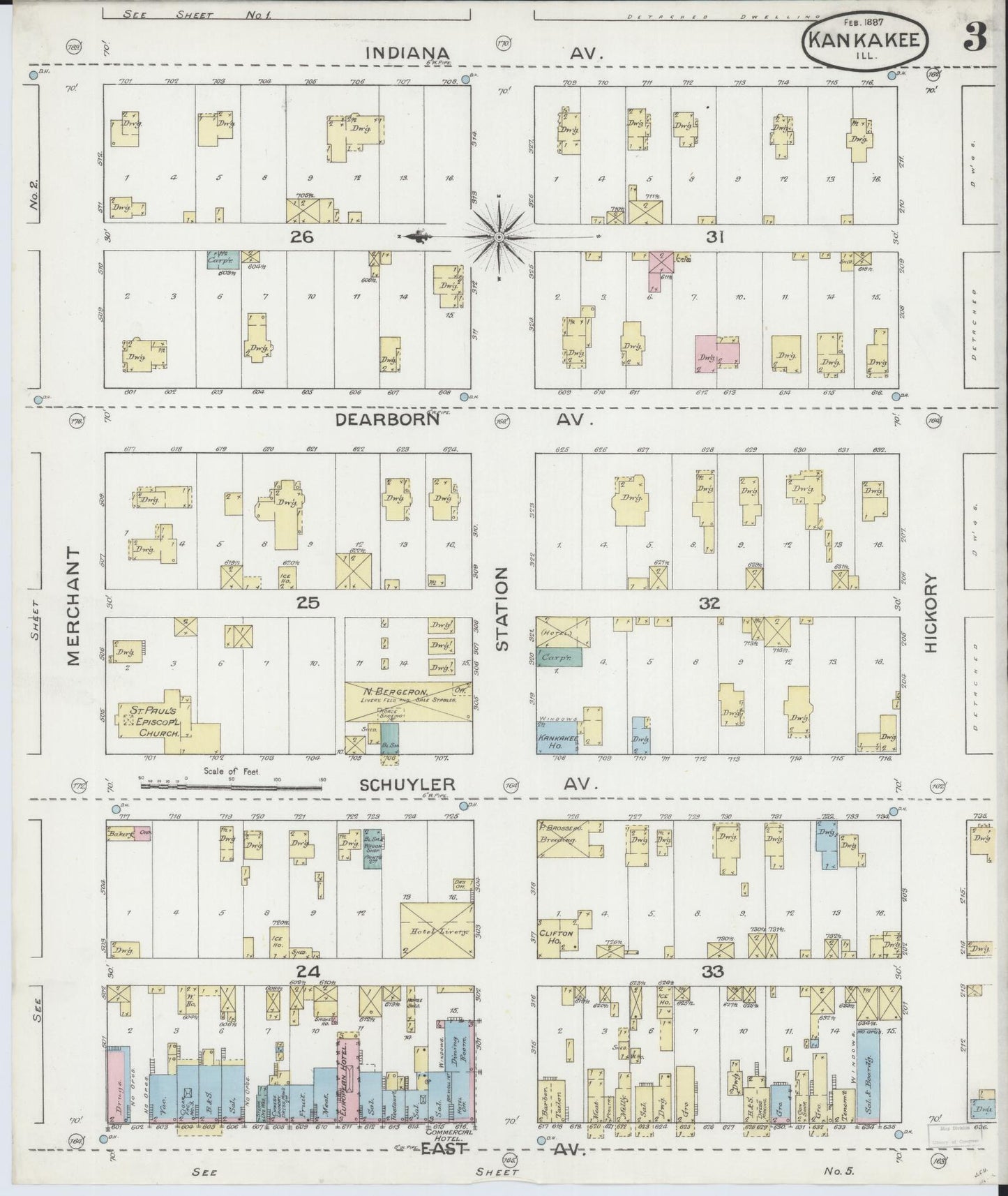 Sanborn Fire Insurance Map from Kankakee, Kankakee County, Illinois (1887), Sheet #0003 - Complete Map Set gallery image, historic Sanborn map, vintage wall art, Illinois Illinois