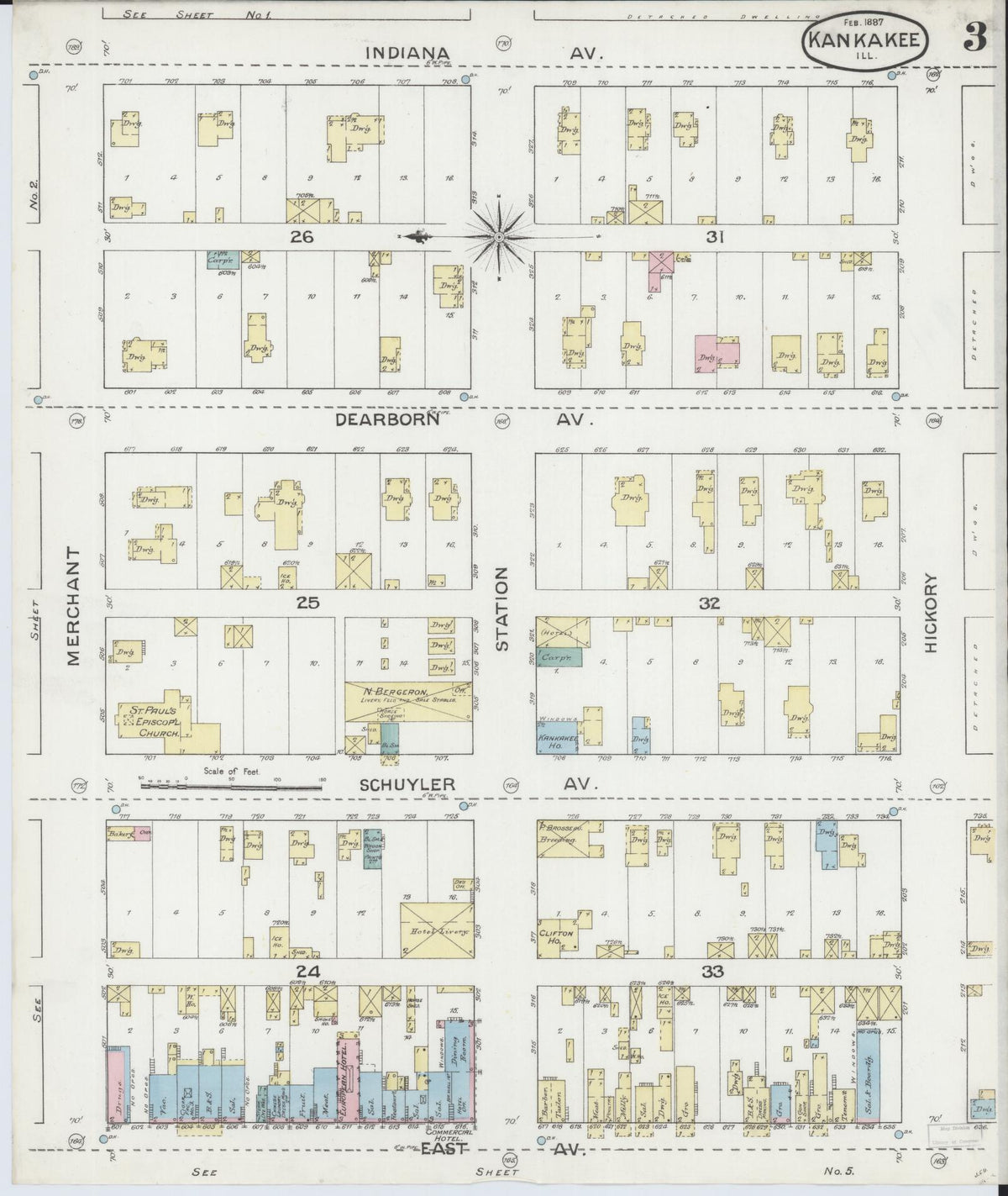 Sanborn Fire Insurance Map from Kankakee, Kankakee County, Illinois (1887), Sheet #0003 - Complete Map Set gallery image, historic Sanborn map, vintage wall art, Illinois Illinois