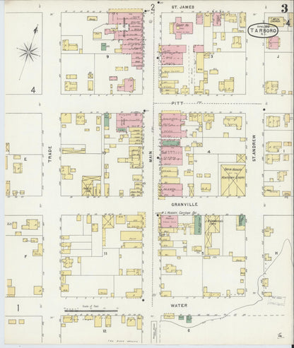 Sanborn Fire Insurance Map from Tarboro, Edgecombe County, North Carolina (1896), Sheet #0003 - Historic Sanborn Fire Insurance Map Print, vintage old map wall art, antique decor, genealogy gift, North Carolina North Carolina map