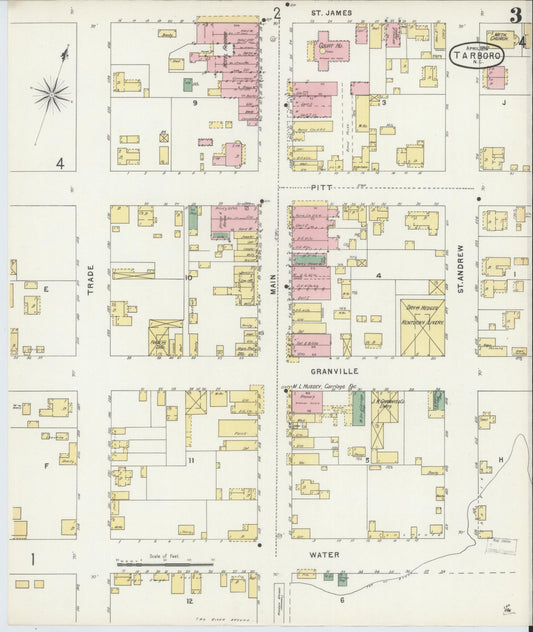 Sanborn Fire Insurance Map from Tarboro, Edgecombe County, North Carolina (1896), Sheet #0003 - Historic Sanborn Fire Insurance Map Print, vintage old map wall art, antique decor, genealogy gift, North Carolina North Carolina map