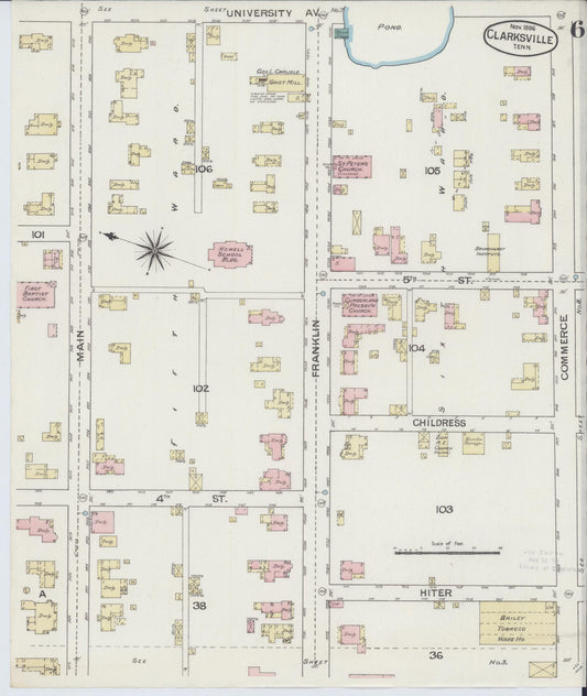 Sanborn Fire Insurance Map from Clarksville, Montgomery County, Tennessee (1888), Sheet #0006 - Historic Sanborn Fire Insurance Map Print, vintage old map wall art, antique decor, genealogy gift, Tennessee Tennessee map