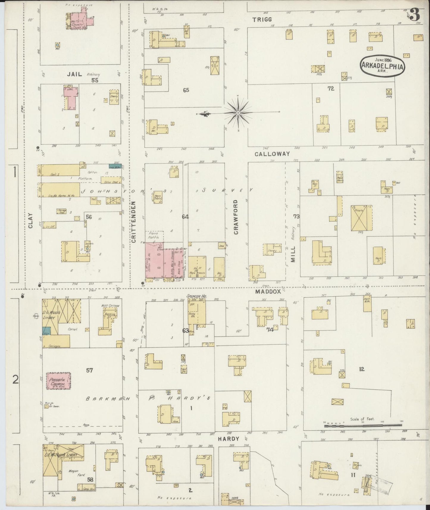 Sanborn Fire Insurance Map from Arkadelphia, Clark County, Arkansas (1896), Sheet #0003 - Complete Map Set gallery image, historic Sanborn map, vintage wall art, Arkansas Arkansas