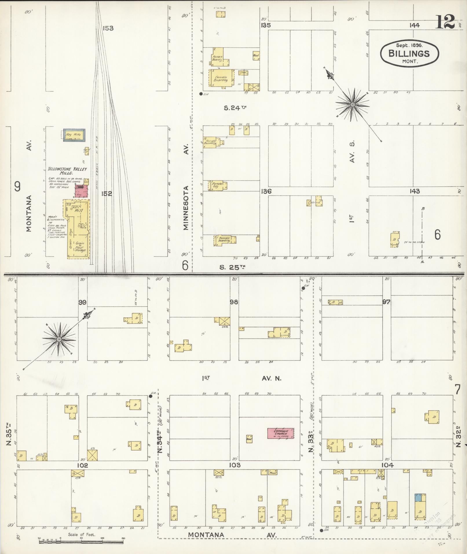 Sanborn Fire Insurance Map from Billings, Yellowstone County, Montana (1896), Sheet #0012 - Historic Sanborn Fire Insurance Map Print, vintage old map wall art, antique decor, genealogy gift, Montana Montana map