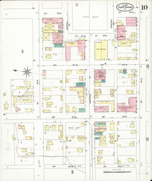 Sanborn Fire Insurance Map from Fort Dodge, Webster County, Iowa (1907), Sheet #0010 - Historic Sanborn Fire Insurance Map Print, vintage old map wall art