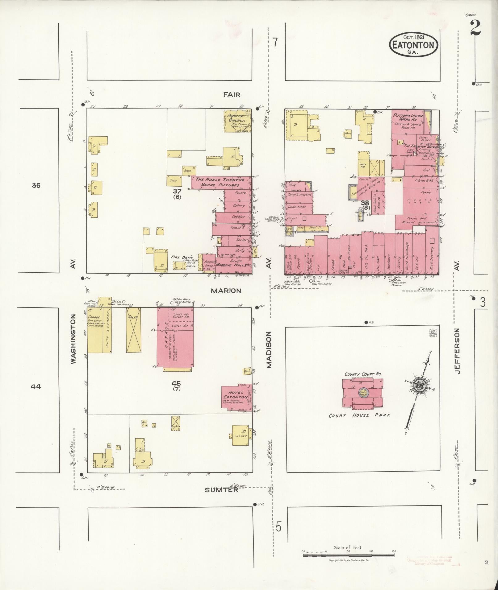 Sanborn Fire Insurance Map from Eatonton, Putnam County, Georgia (1921), Sheet #0002 - Complete Map Set gallery image, historic Sanborn map, vintage wall art, Georgia Georgia