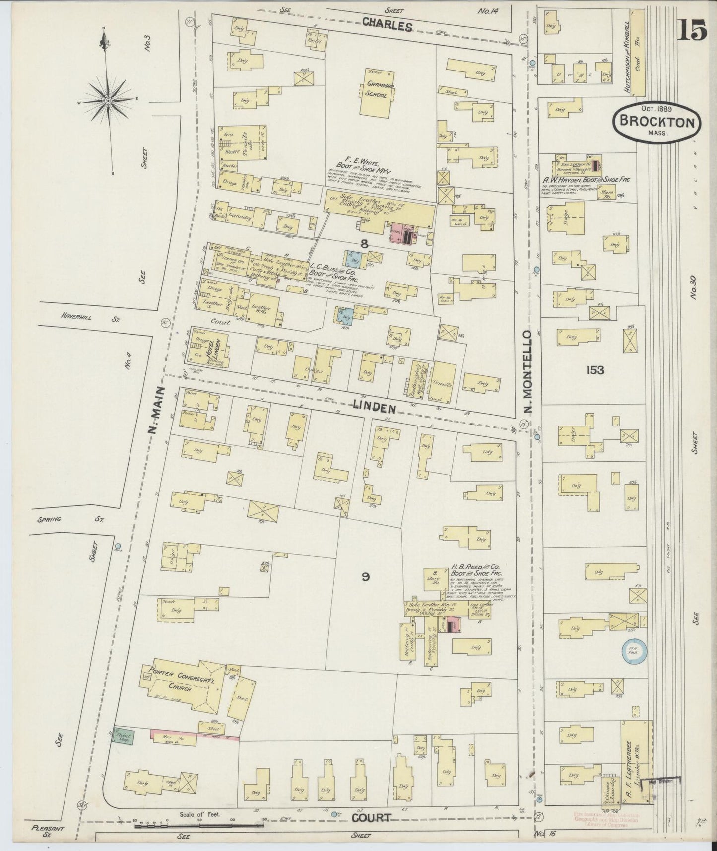 Sanborn Fire Insurance Map from Brockton, Plymouth County, Massachusetts (1889), Sheet #0015 - Historic Sanborn Fire Insurance Map Print, vintage old map wall art, antique decor, genealogy gift, Massachusetts Massachusetts map