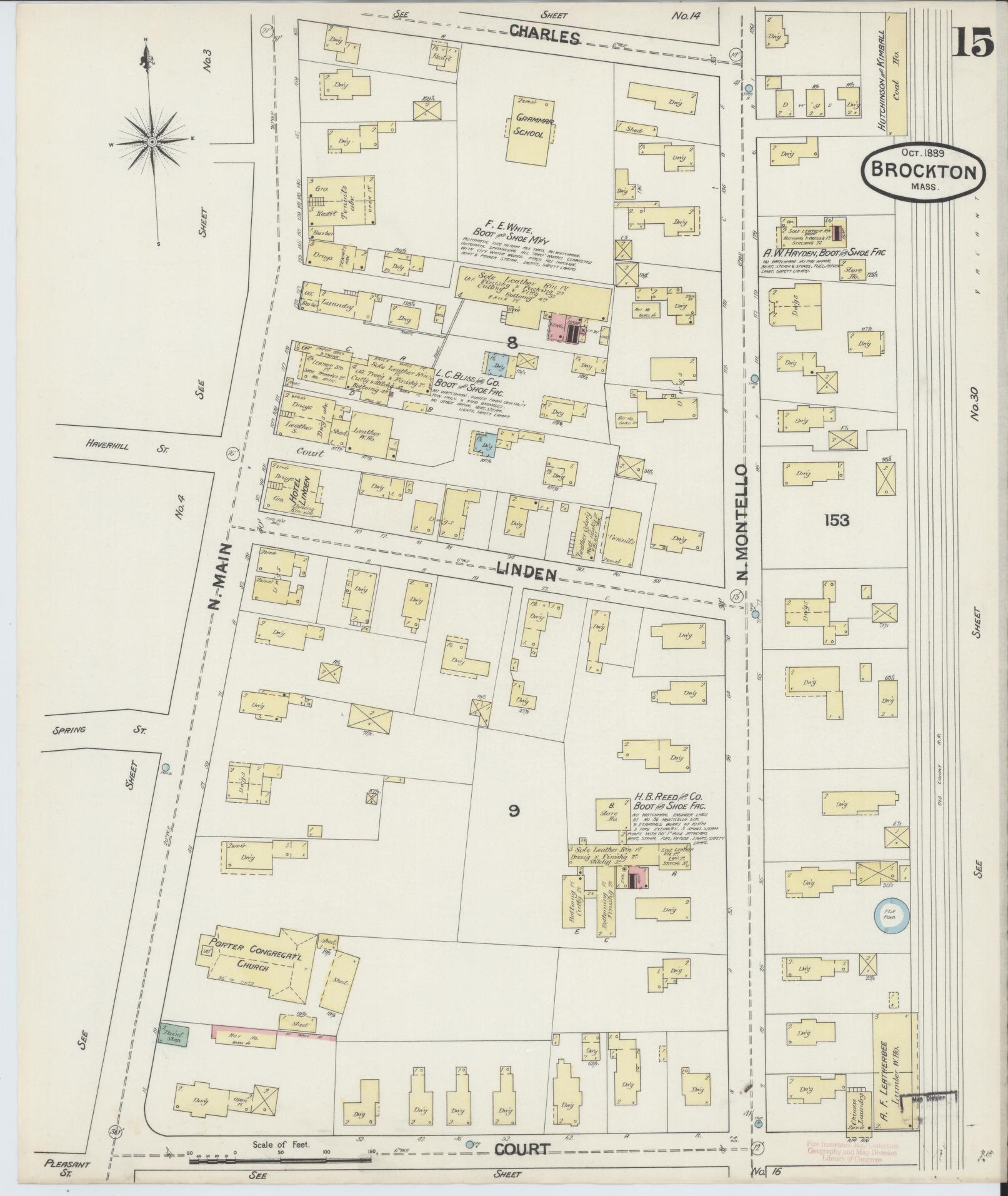 Sanborn Fire Insurance Map from Brockton, Plymouth County, Massachusetts (1889), Sheet #0015 - Historic Sanborn Fire Insurance Map Print, vintage old map wall art, antique decor, genealogy gift, Massachusetts Massachusetts map