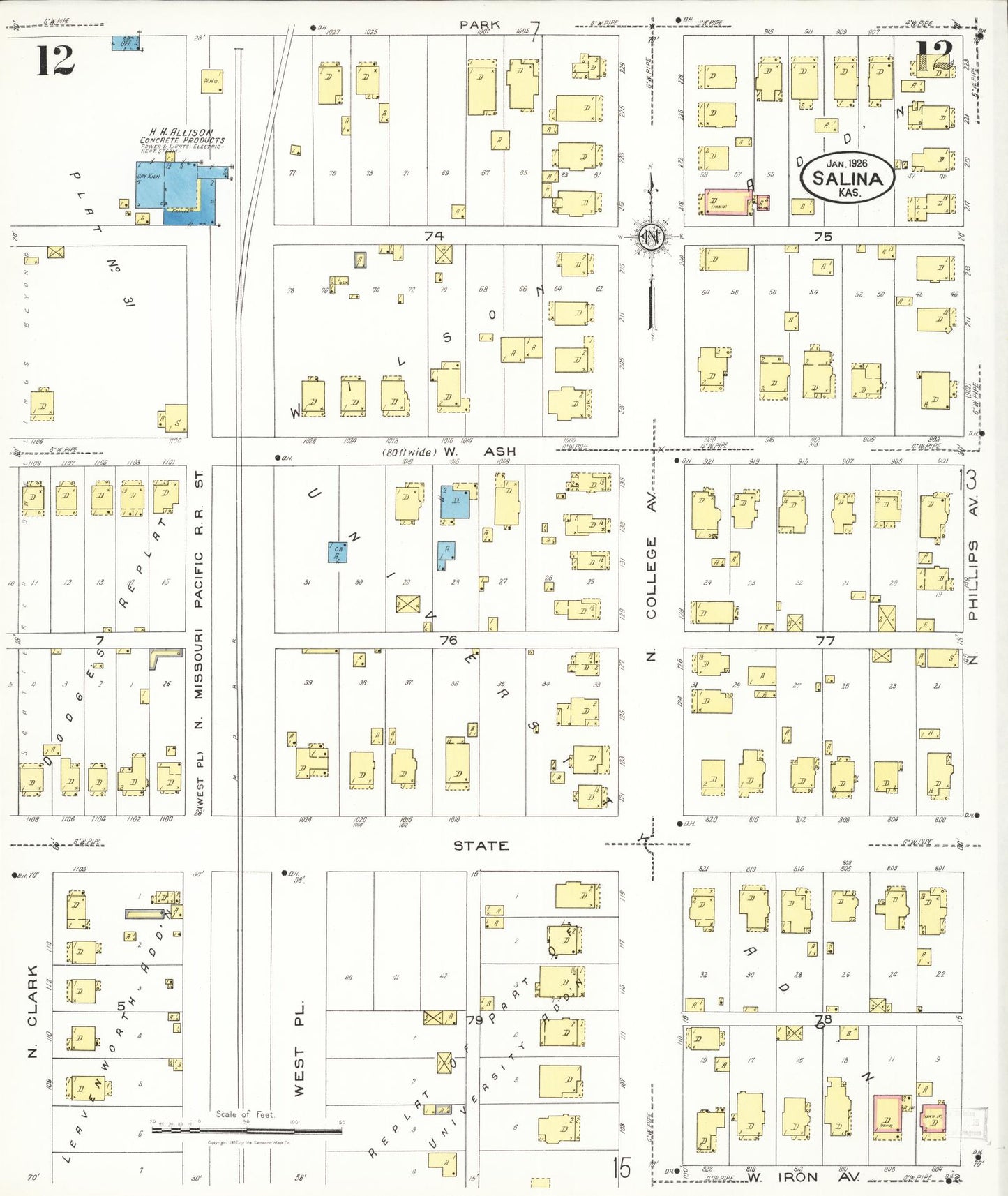 Sanborn Fire Insurance Map from Salina, Saline County, Kansas (1926), Sheet #0012 - Historic Sanborn Fire Insurance Map Print, vintage old map wall art, antique decor, genealogy gift, Kansas Kansas map