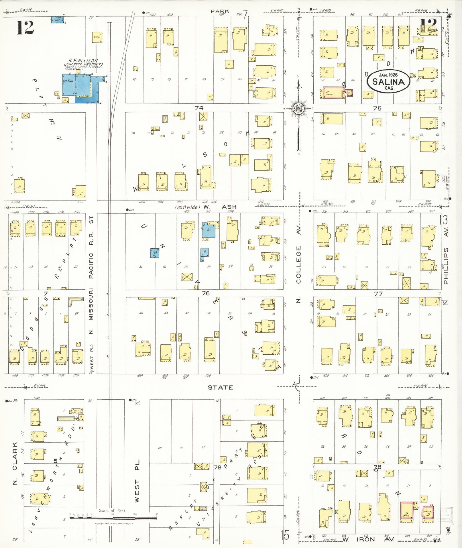 Sanborn Fire Insurance Map from Salina, Saline County, Kansas (1926), Sheet #0012 - Historic Sanborn Fire Insurance Map Print, vintage old map wall art, antique decor, genealogy gift, Kansas Kansas map
