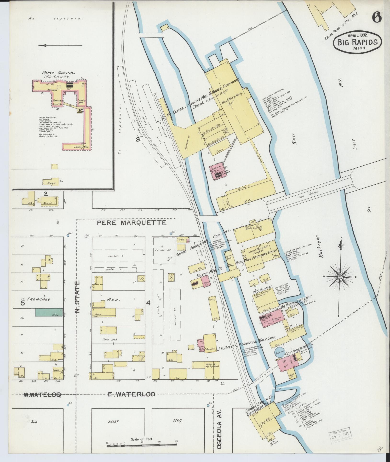 Sanborn Fire Insurance Map from Big Rapids, Mecosta County, Michigan (1892), Sheet #0006 - Historic Sanborn Fire Insurance Map Print, vintage old map wall art, antique decor, genealogy gift, Michigan Michigan map