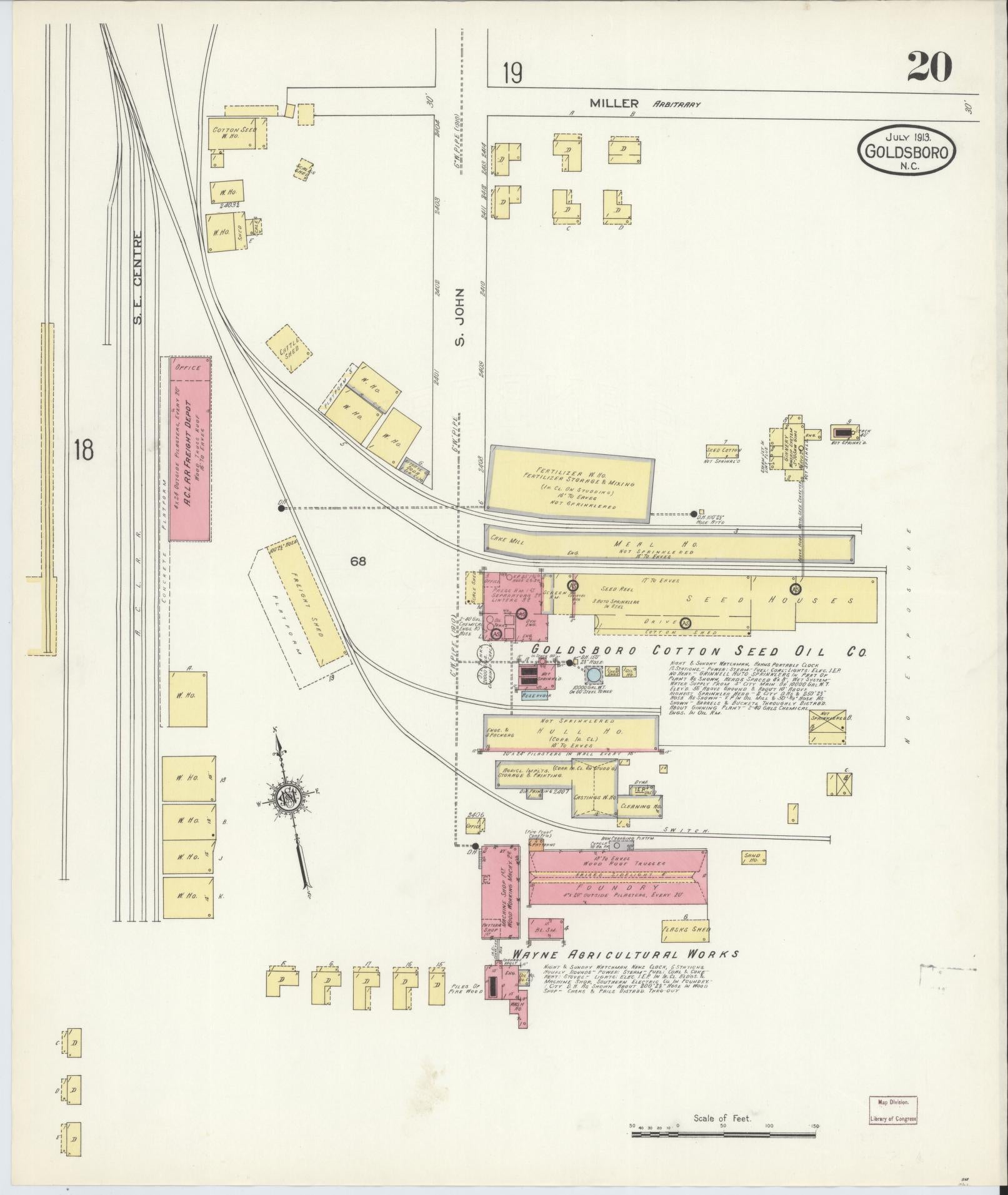 Sanborn Fire Insurance Map from Goldsboro, Wayne County, North Carolina (1913), Sheet #0020 - Complete Map Set gallery image, historic Sanborn map, vintage wall art, North Carolina North Carolina