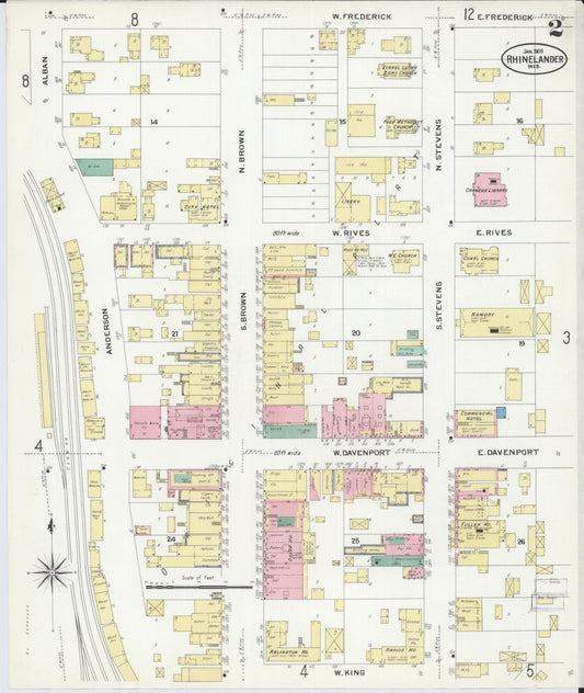Sanborn Fire Insurance Map from Rhinelander, Oneida County, Wisconsin (1908), Sheet #0002 - Historic Sanborn Fire Insurance Map Print, vintage old map wall art, antique decor, genealogy gift, Wisconsin Wisconsin map