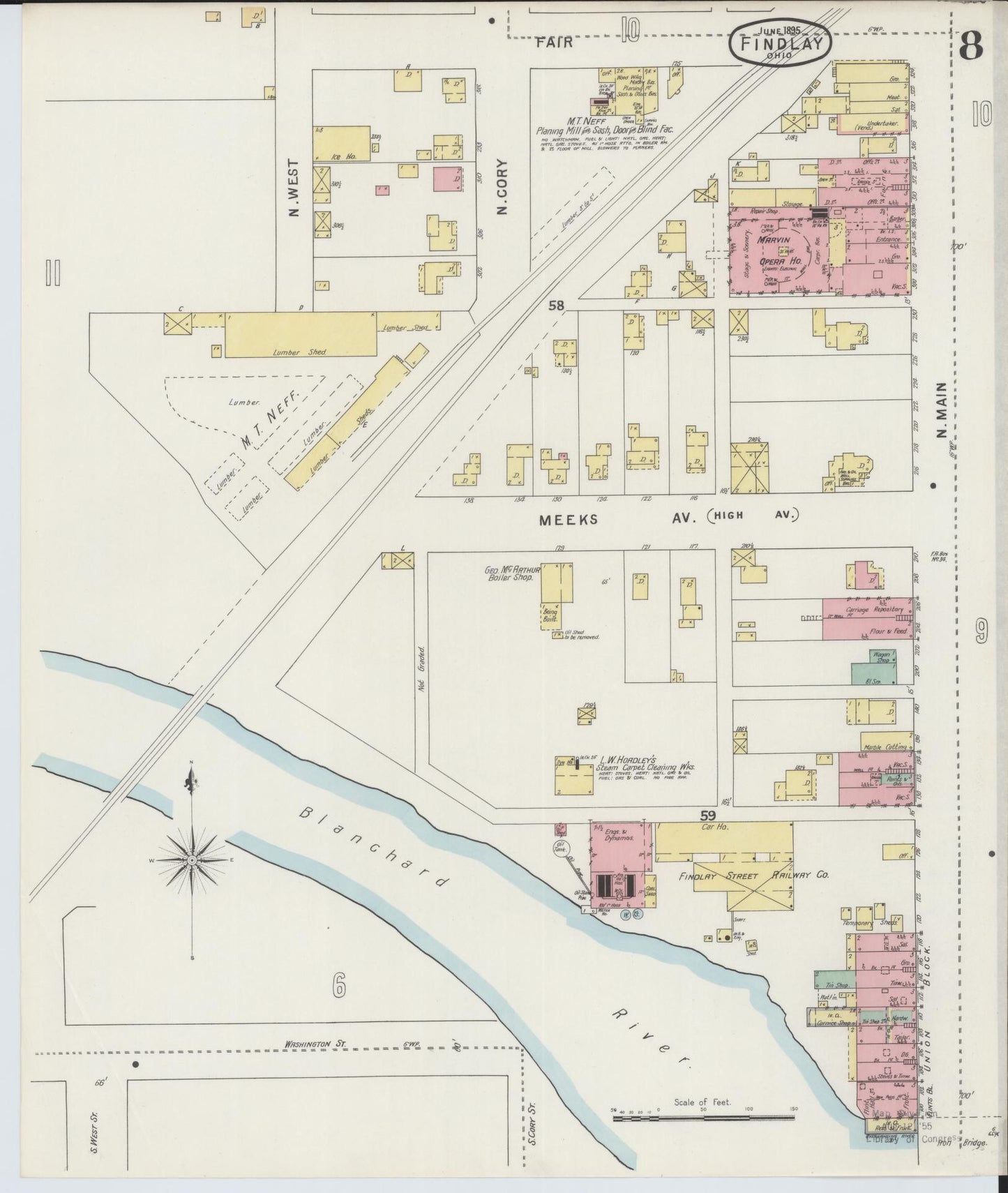 Sanborn Fire Insurance Map from Findlay, Hancock County, Ohio (1895), Sheet #0008 - Historic Sanborn Fire Insurance Map Print, vintage old map wall art, antique decor, genealogy gift, Ohio Ohio map