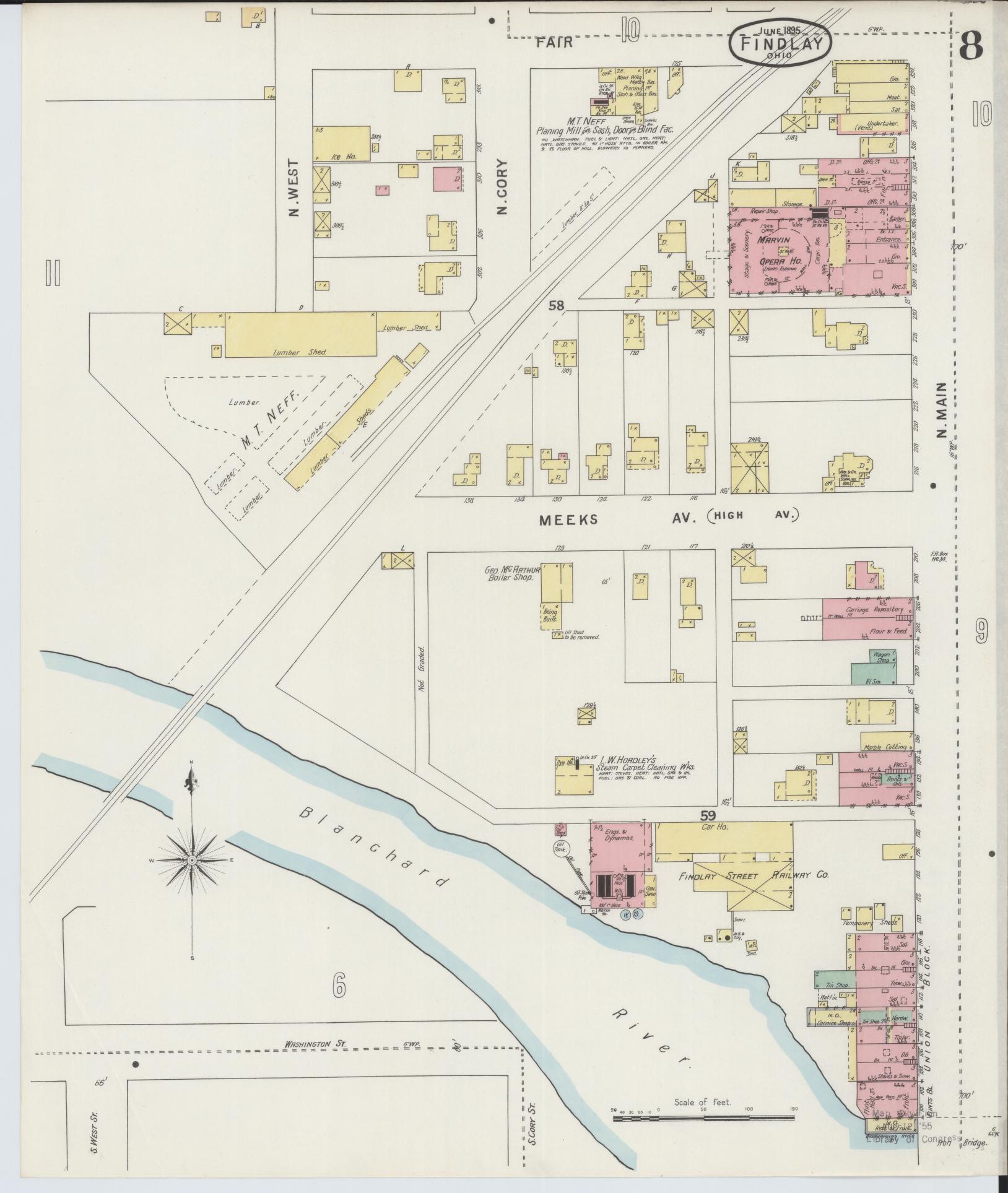Sanborn Fire Insurance Map from Findlay, Hancock County, Ohio (1895), Sheet #0008 - Historic Sanborn Fire Insurance Map Print, vintage old map wall art, antique decor, genealogy gift, Ohio Ohio map